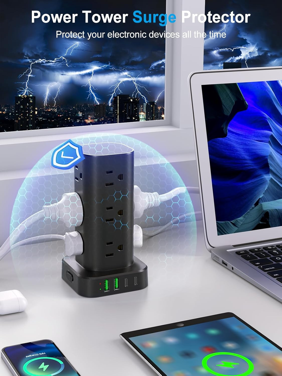 Power Strip Tower with Multiple Outlets, Flat Plug Surge Protector Tower Extensi
