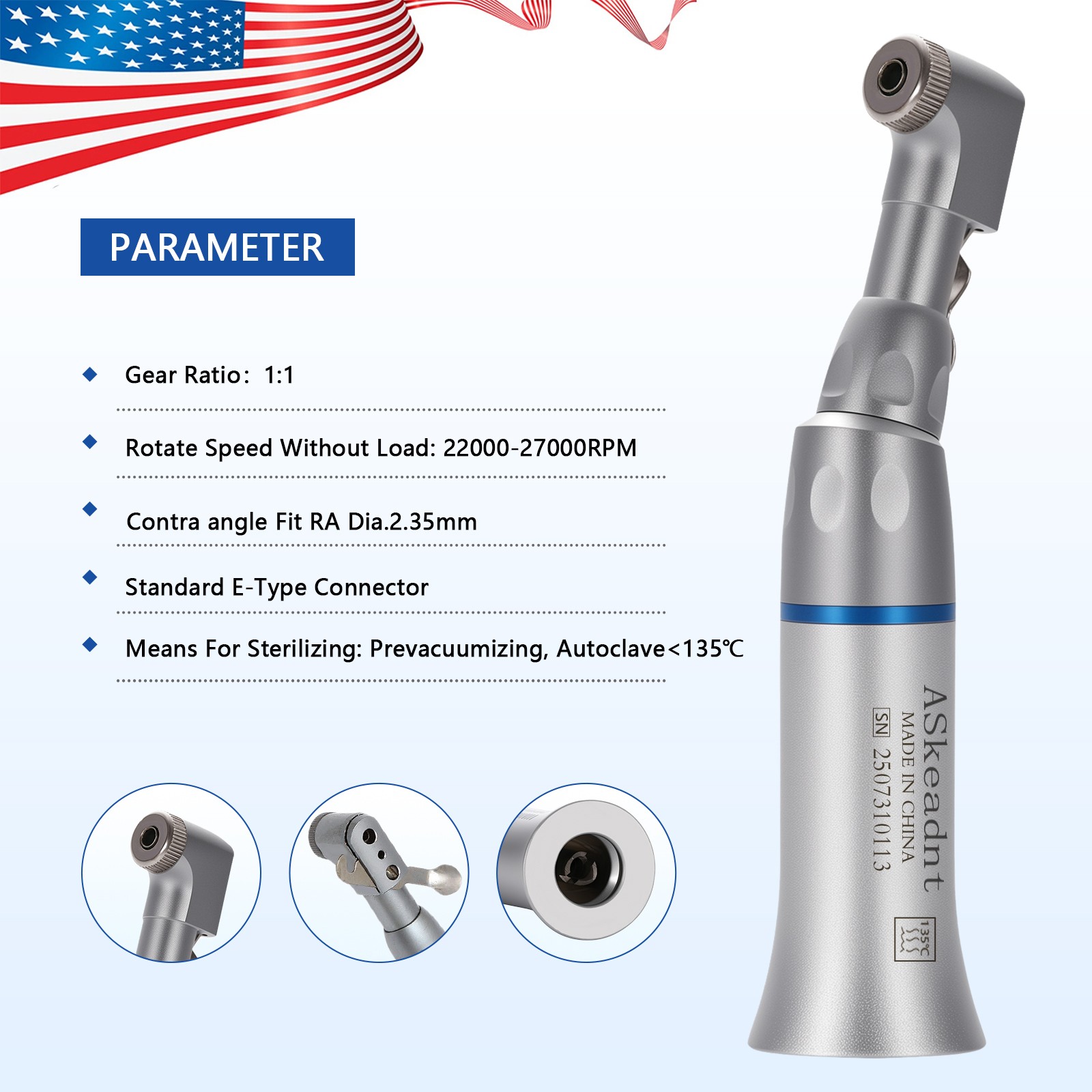 Dental Slow Low Speed Contra Angle Handpiece Latch Bur E-Type ASkeadnt AS