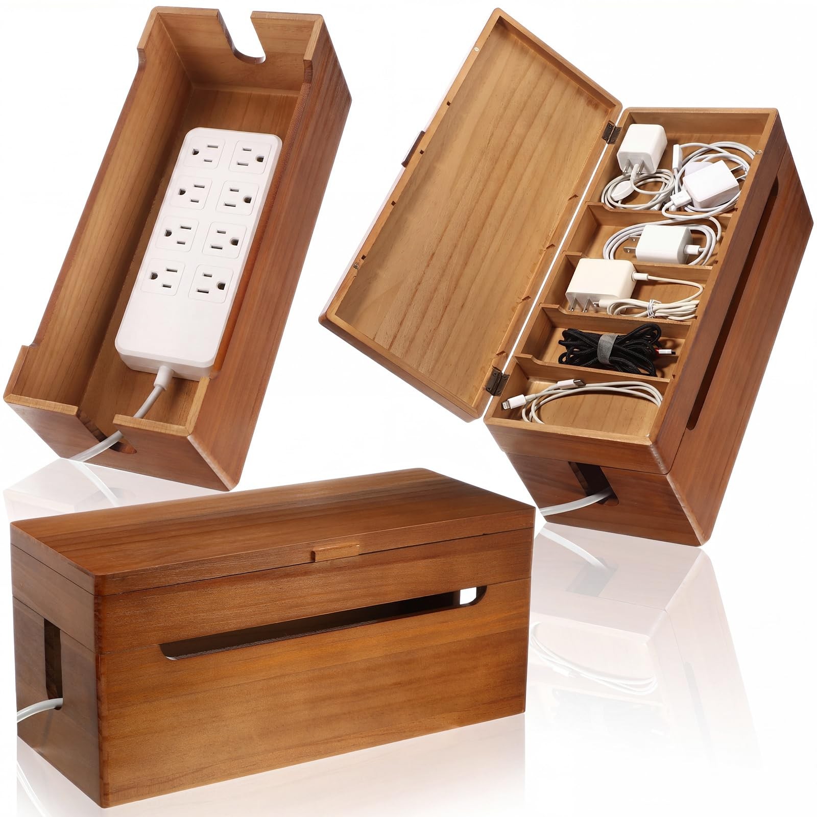 Double Layer Wooden Cable Management Box Large with Lid Power Strip Cord Orga...