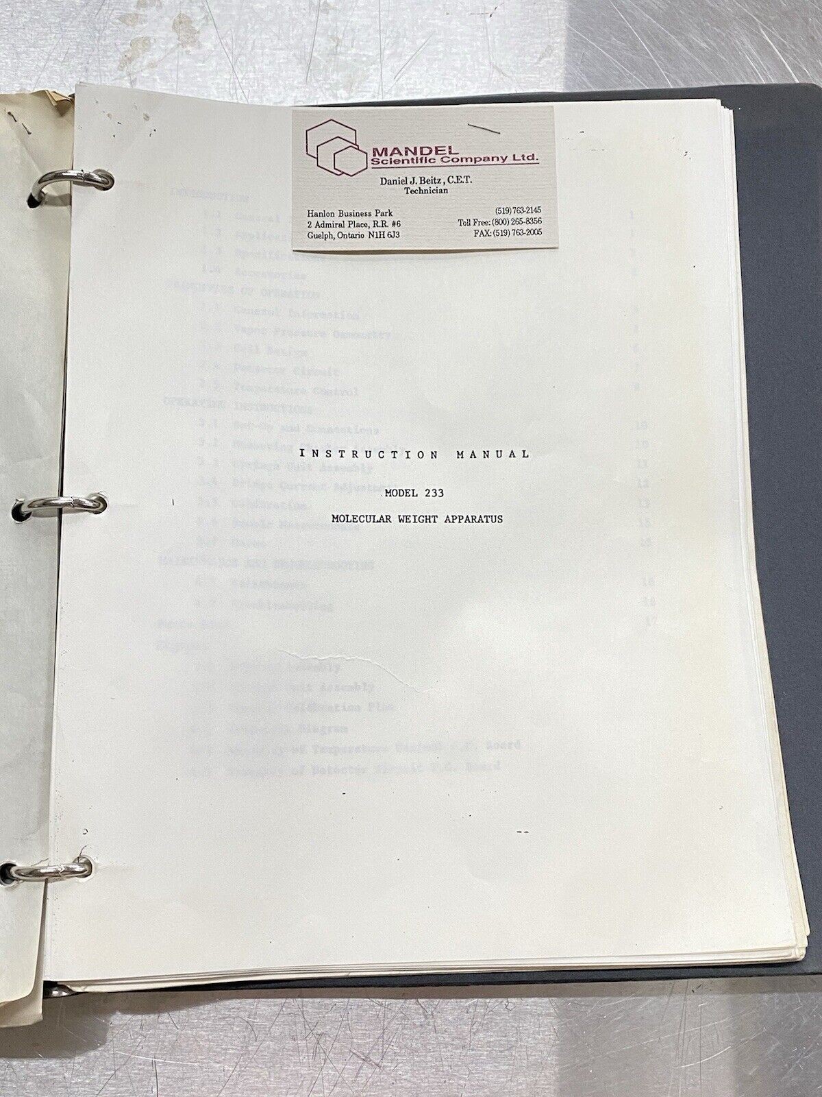 Wescan Molecular Weight Apparatus 233 - Instructions Manual / Instructions Guide