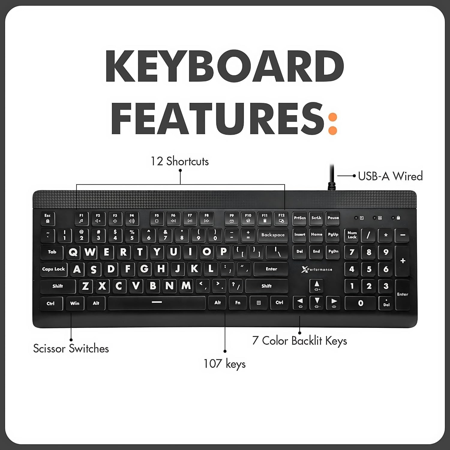 X9 Large Print Backlit Computer Keyboard - Easy to See Big Letters - Lighted USB
