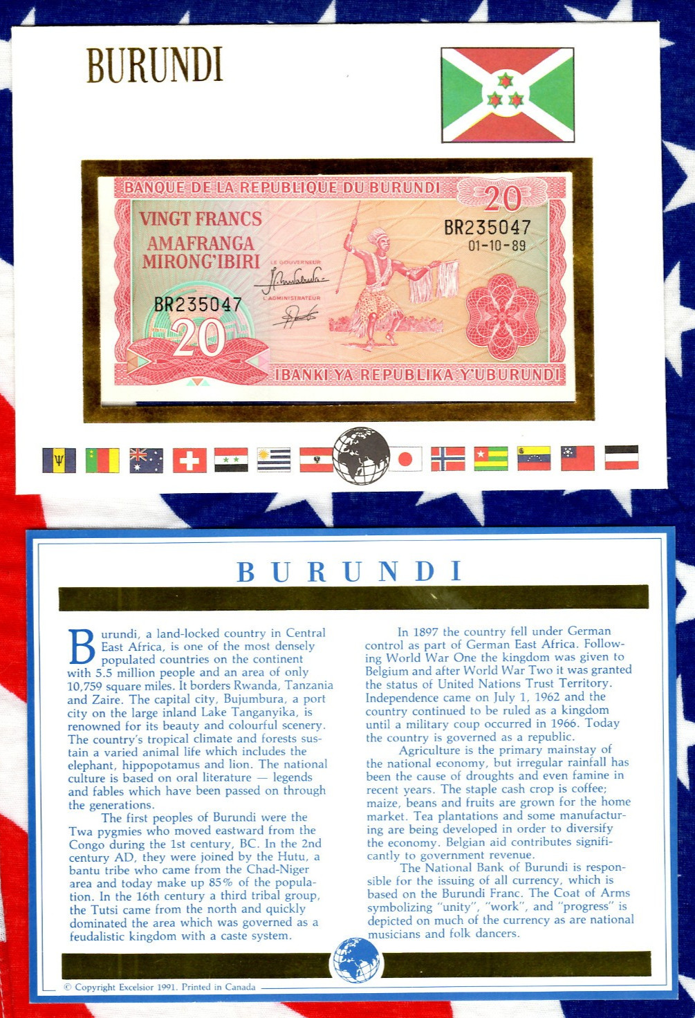E Banknotes of All Nations Burundi 20 Francs 1989 P-27b.4 UNC BR235047