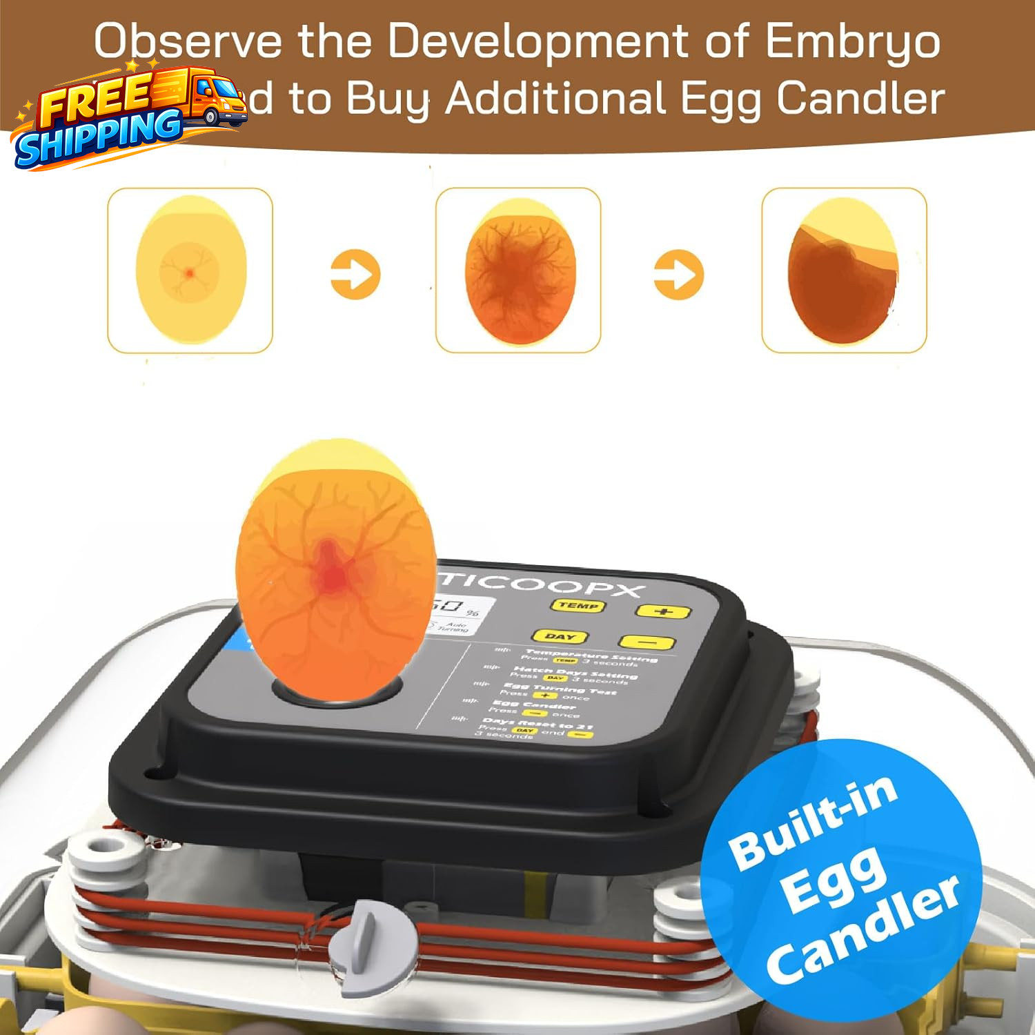 20 Egg Incubator with Humidity Display Egg Candler Automatic Egg Turner
