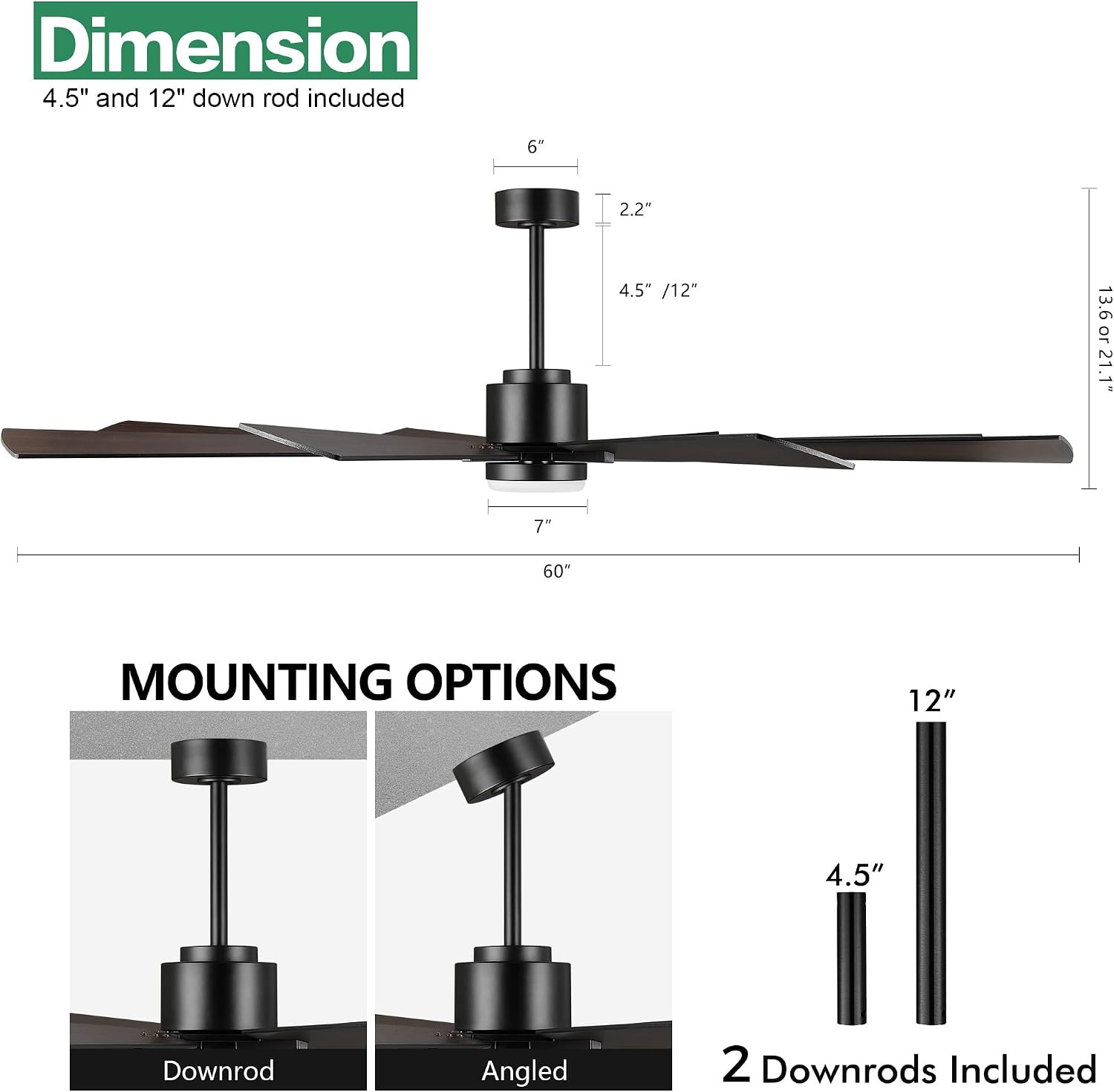 60" DC Ceiling Fan with Lights and Control, Matte Black Ceiling Fan with Walnut/