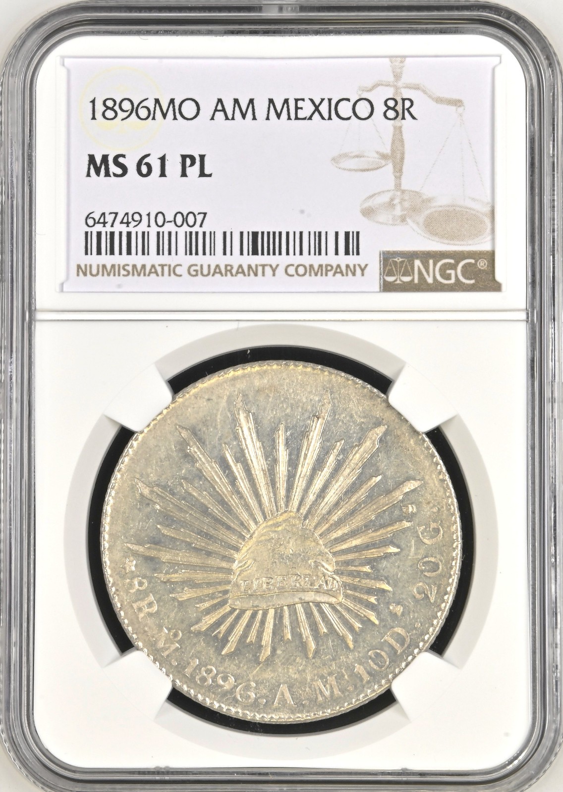 Mexico: 8 Reales 1896-Mo AM Mexico City, NGC MS-61 Proof-like! Nice PQ Coin!