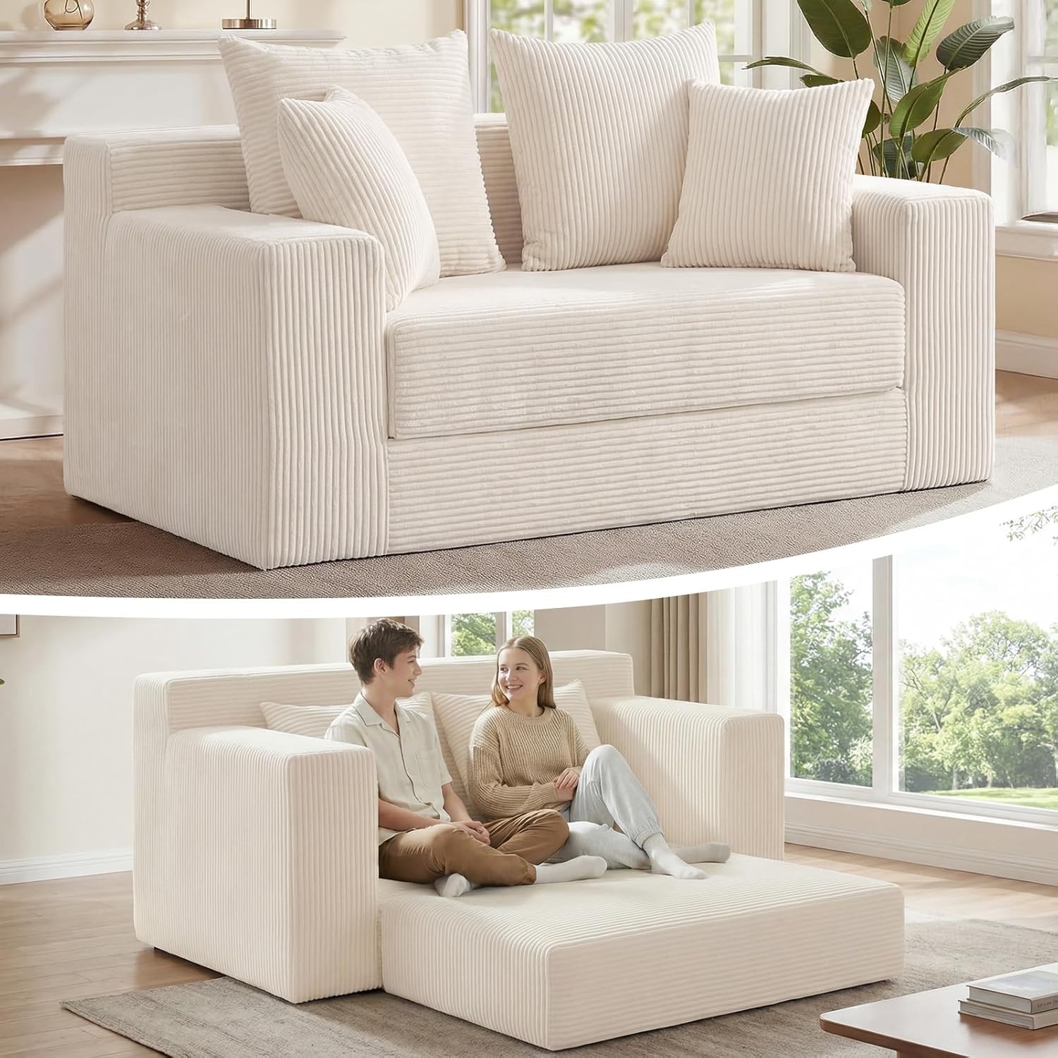 3-in-1 Convertible Sofa Bed Boneless Loveseat Sleeper & Folding Couch Bed W/ 4