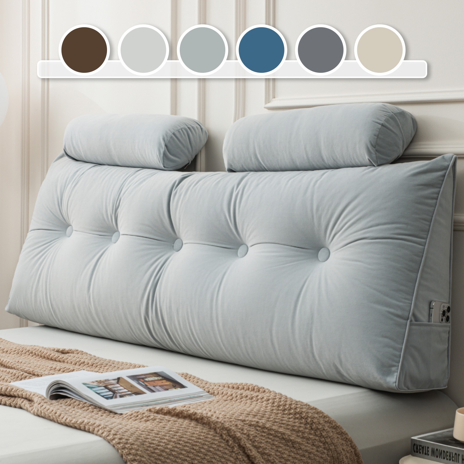 Large Velvet Headboard Pillow Backrest Cushion w/ Neck Roll & Removable Cover