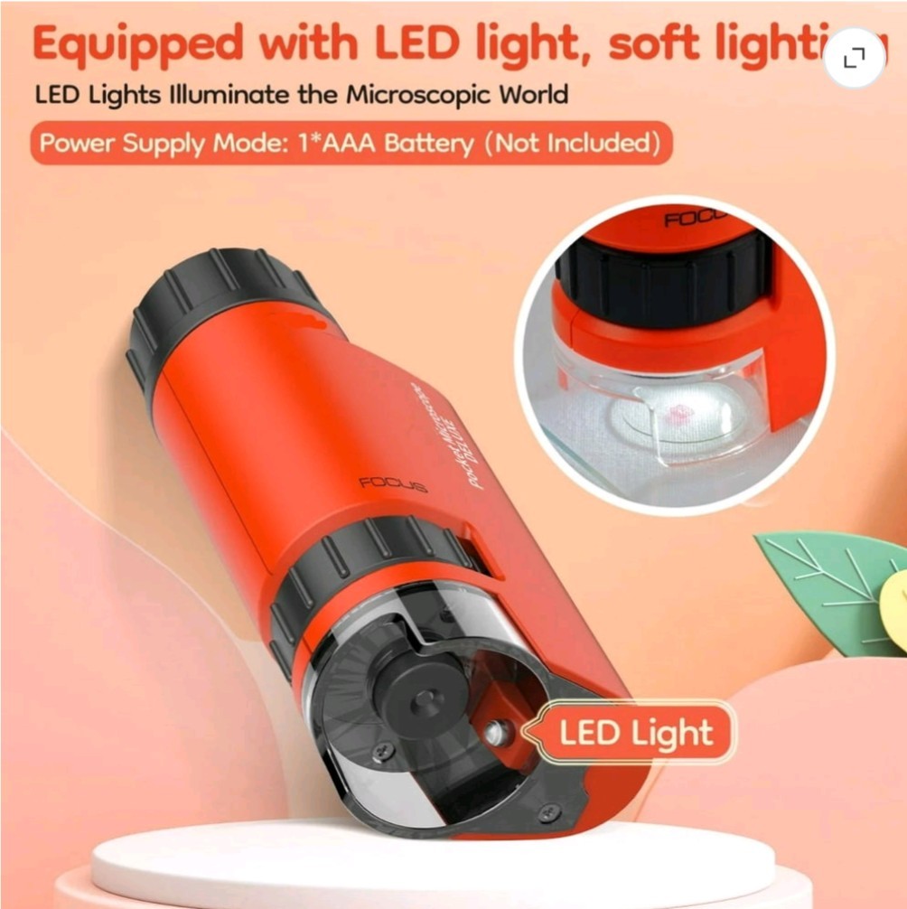 Mini Pocket Microscope Deluxe for Kids LED Light Handheld Science Lab Red Open B