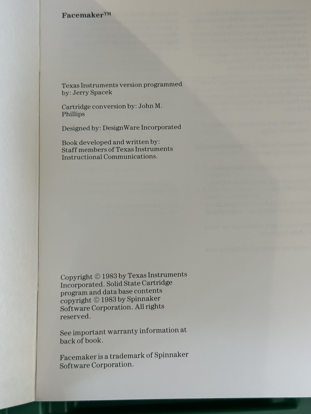 Texas Instruments FACEMAKER Solid State Cartridge (1983) For TI-99/4A Home Comp