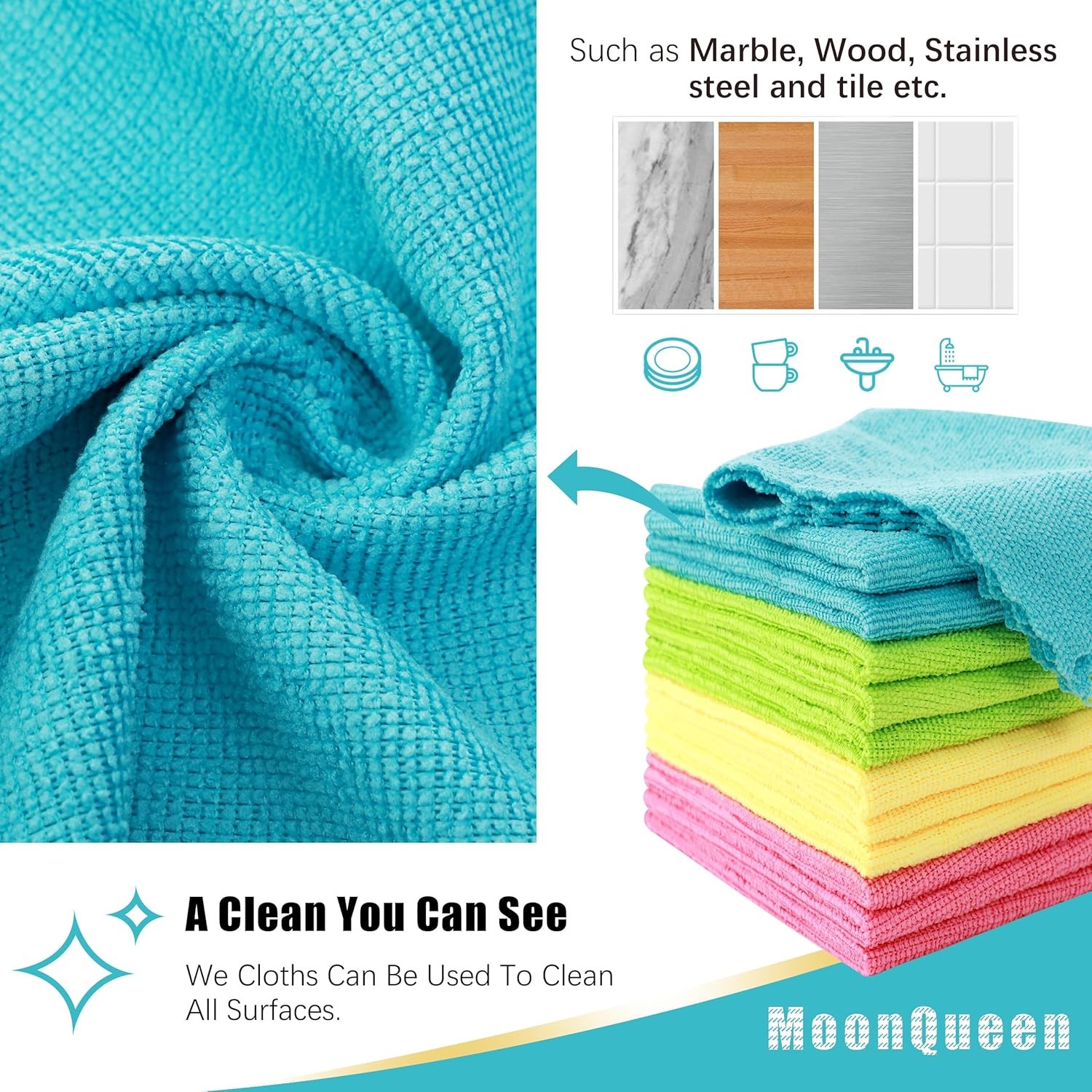 MOONQUEEN 12 Pack Microfiber Cleaning Cloth - Reusable Cleaning Rag, Fast Drying