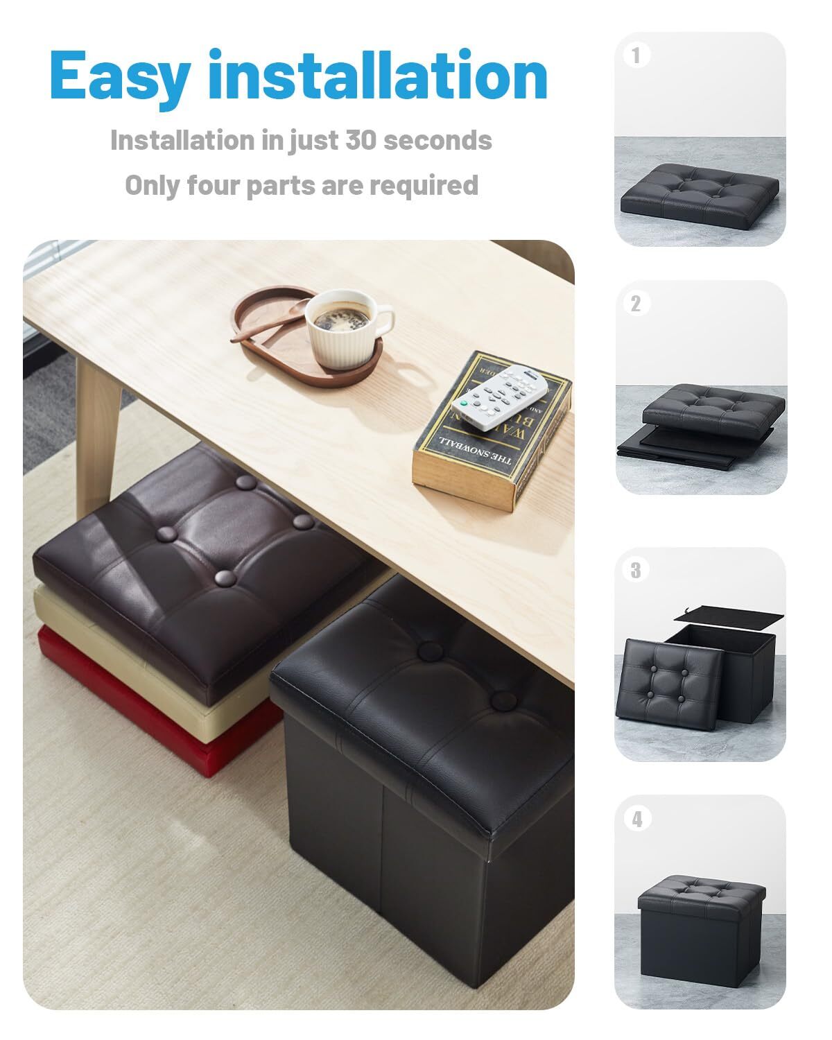 Folding Storage Ottoman Foot Rest Stool With Side Pocket 16 Inches Leather Foots