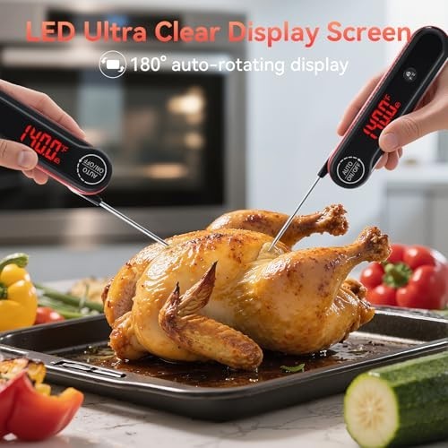Instant Read Meat Thermometer 0.3s IP67 Waterproof Red Rotating Display BBQ