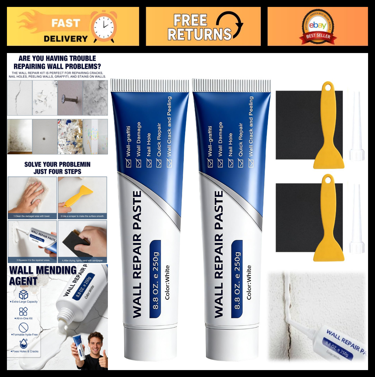 2 Pack Wall Repair Kit - Multi-Functional Drywall Patch Paste & Scraper for Easy