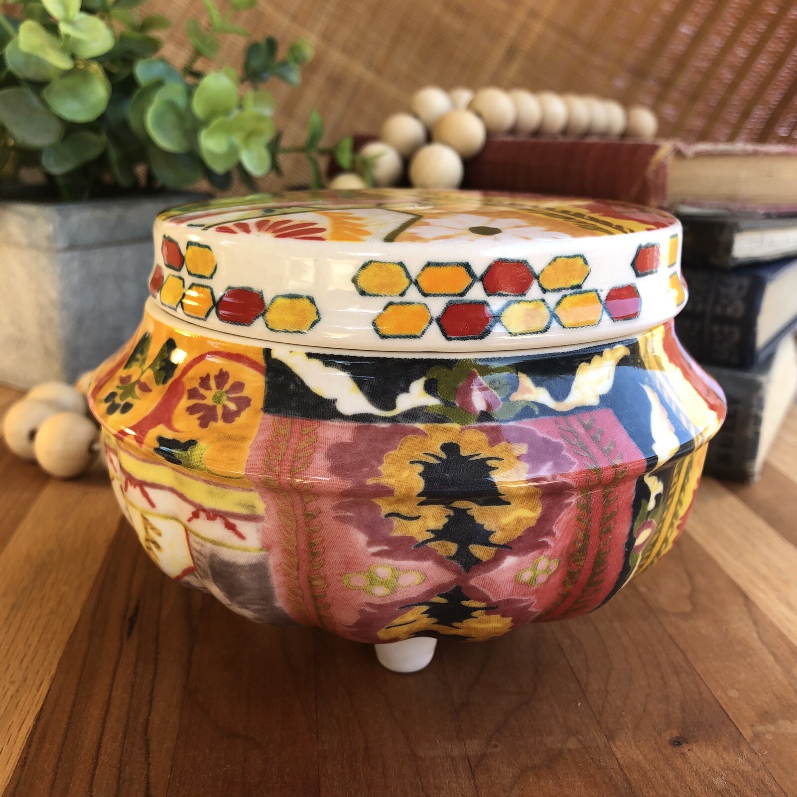 Colorful Boho Ceramic Abstract Footed Lidded Trinket Jewelry Box