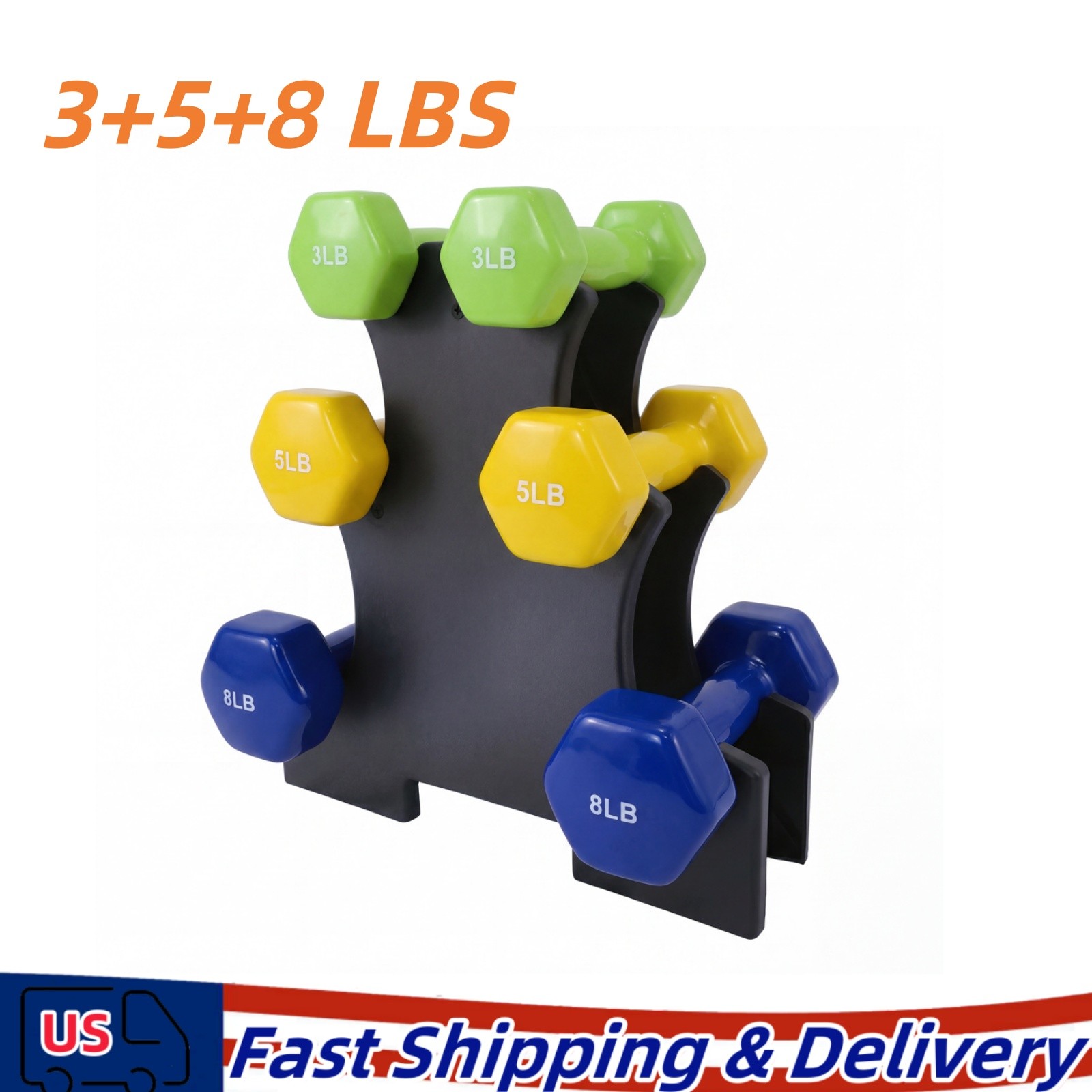 Neoprene Dumbbell Hexagon Hand Weights Pairs 3+5+8 LB with Rack