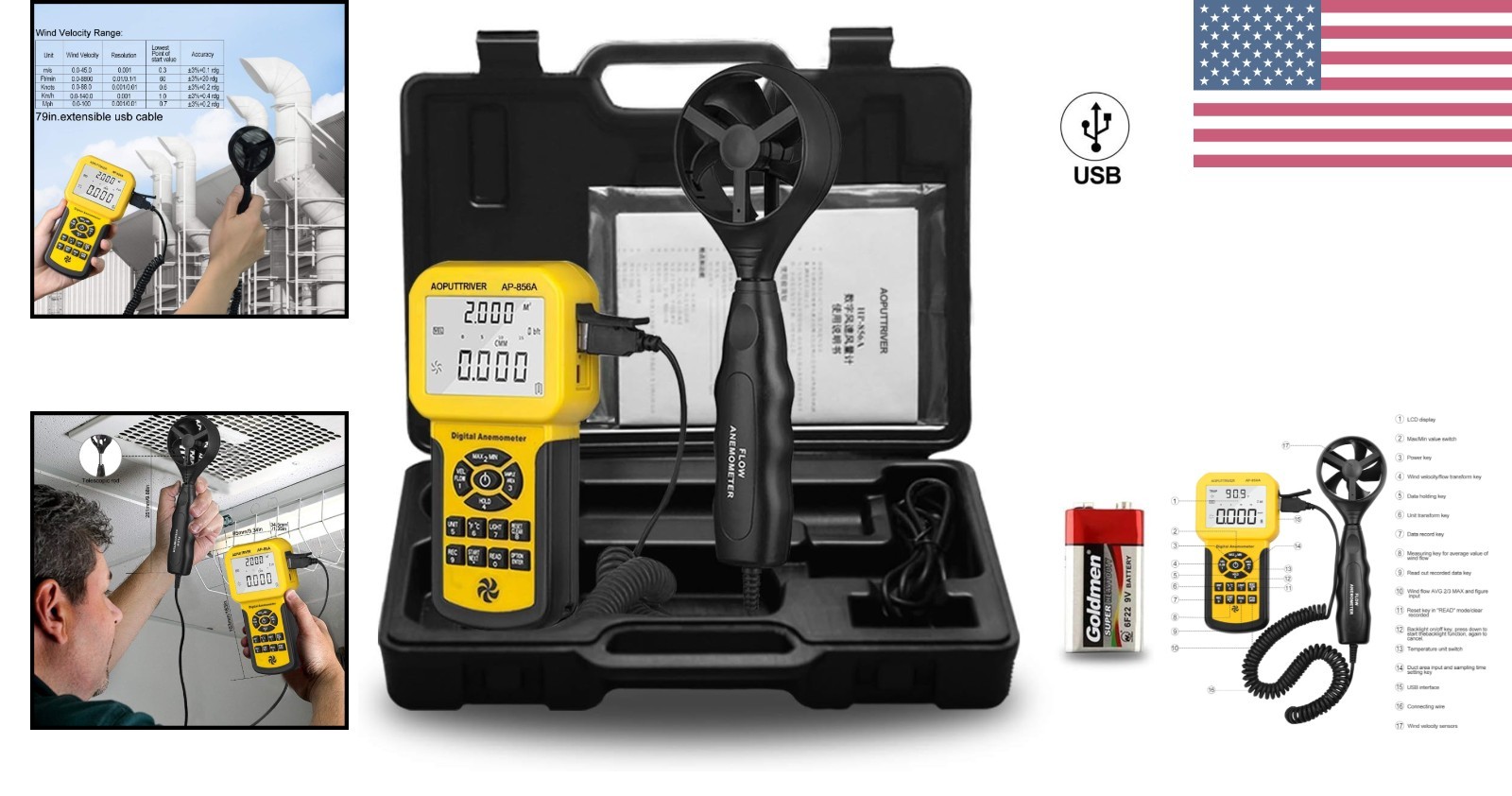 Precision Handheld Anemometer with USB Data Transfer | Wind Speed Meter AP-856A