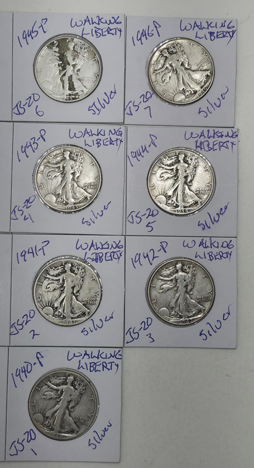 LOT OF 7 WALKING LIBERTY SILVER HALF DOLLAR COINS 1940P-1946P ESTATE SALE JS-20
