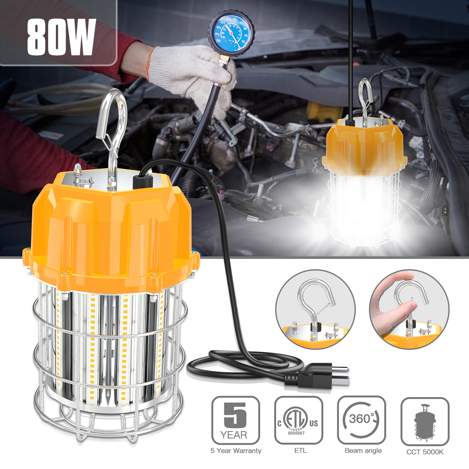 80W LED Temporary Work Light For Building Construction Basement Garage 350W Eqiv
