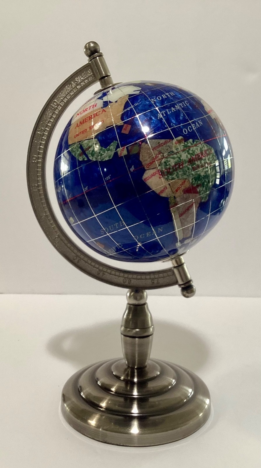 Table Top Globe Blue Lapis Semi Precious Gemstone Silver Colored Metal Stand