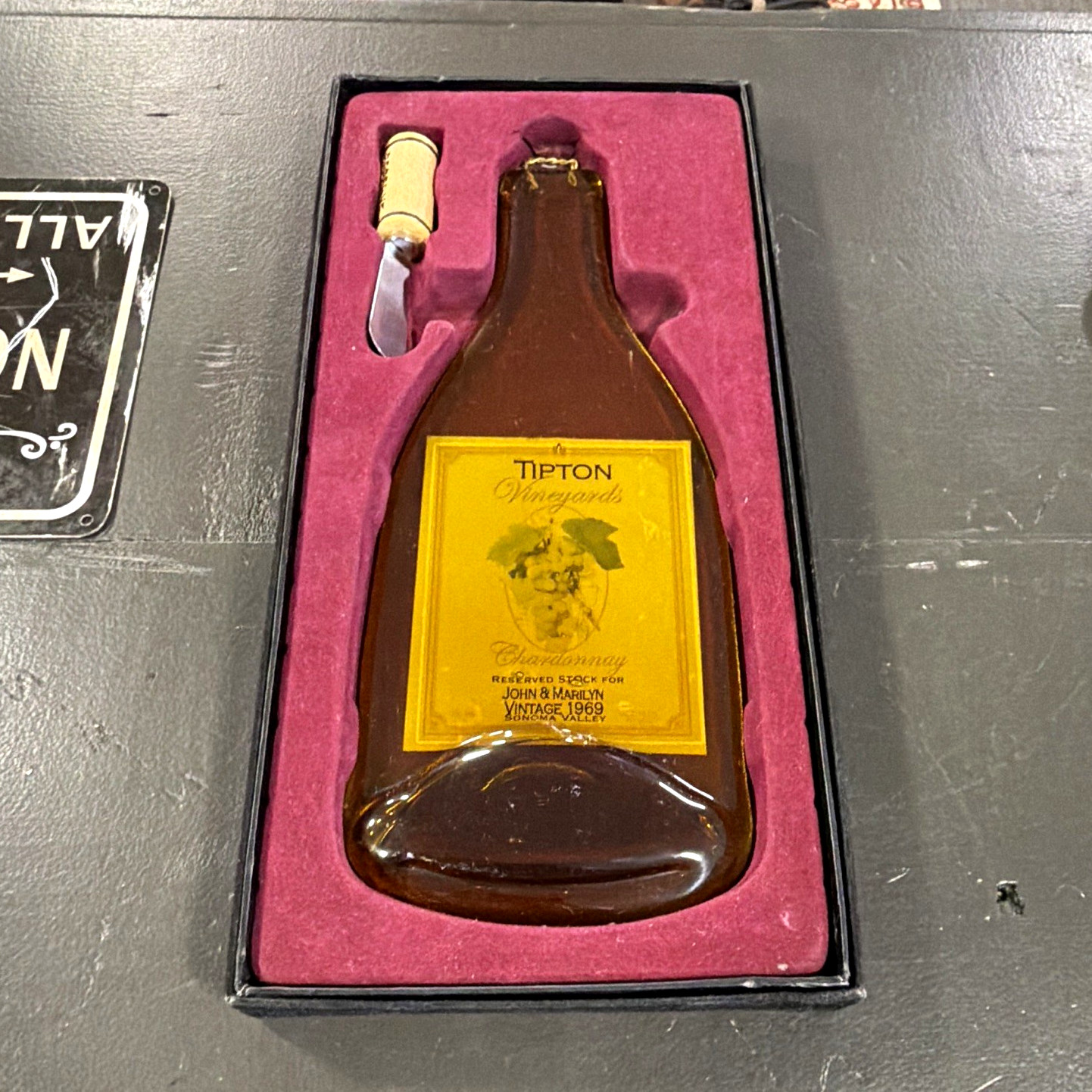 Tipton vineyards cheeseboard with case 1969 pressed bottle of Chardonnay