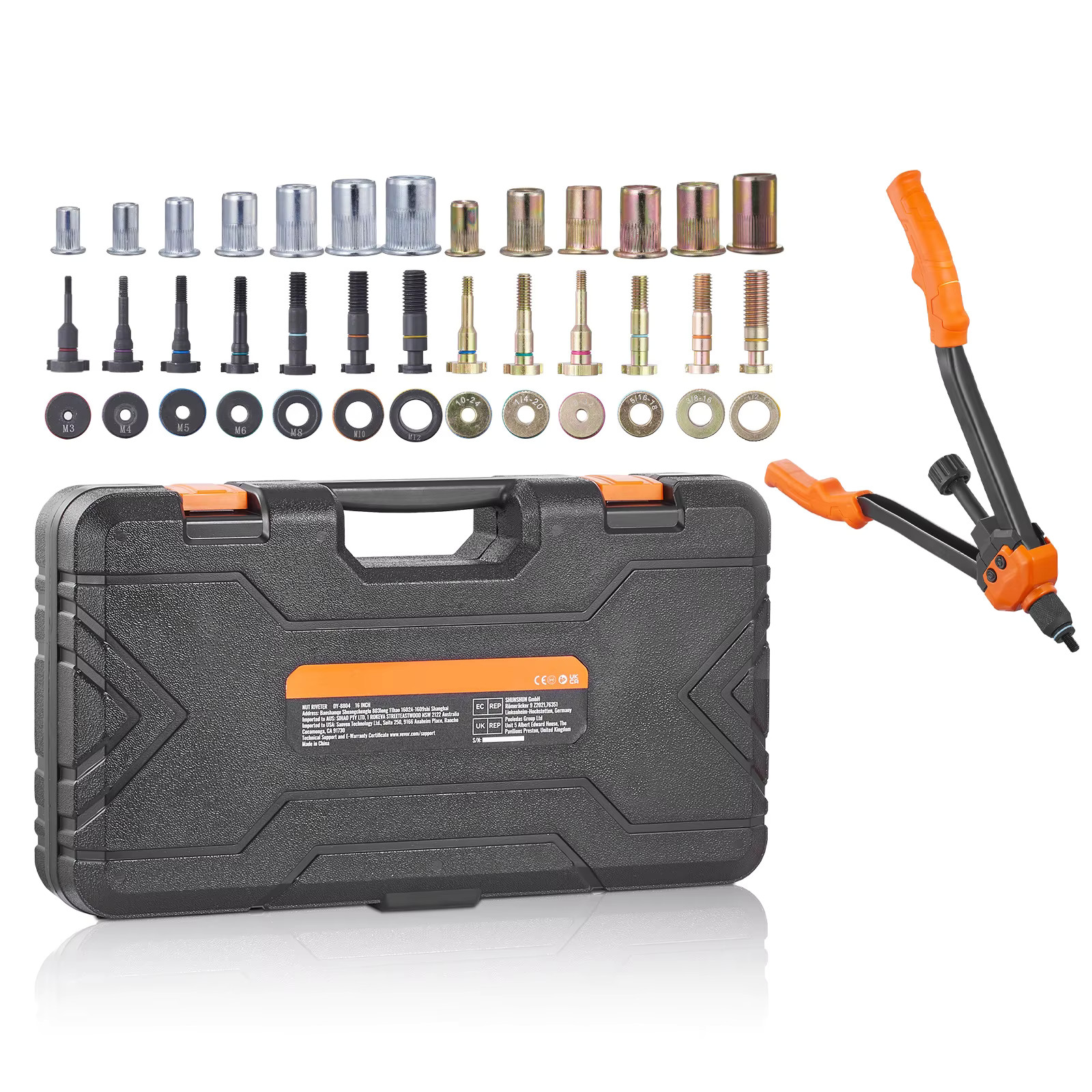 16in Rivet Nut Tool Kit 186pcs Rivnuts 13 Mandrels SAE Metric w/ Case