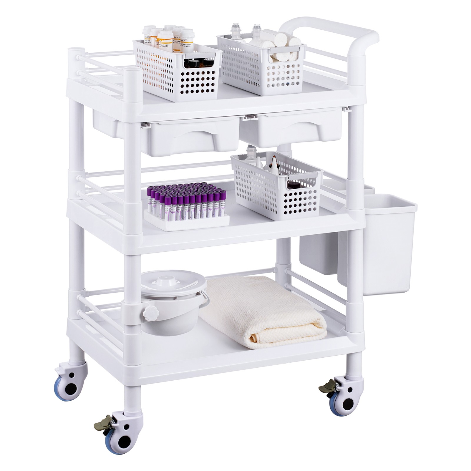 Rolling Lab Cart with 3 Trays & Trash Cans, Mobile Storage Trolley