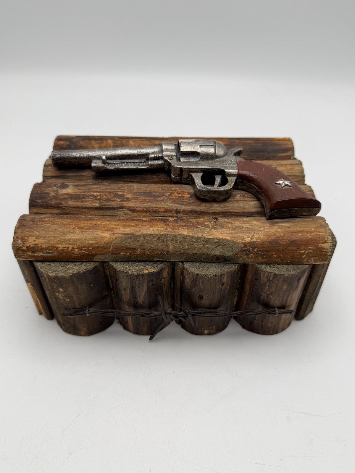 Hobby Lobby Western Revolver Pistol Log Wooden Stash Box Barbed Wire AS IS
