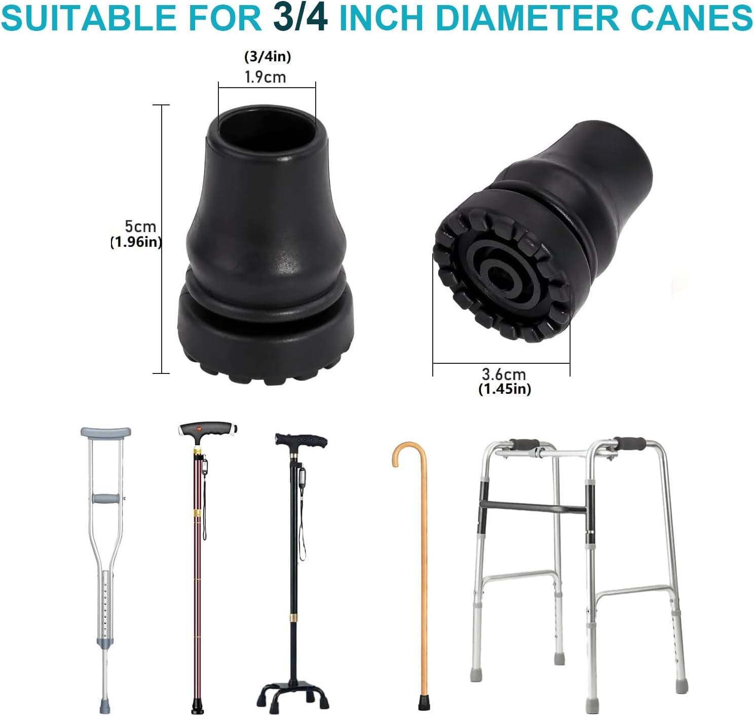 Cane Tips (6-Pack), 3/4 Inch Non-Slip Rubber Replacement for Walking Stick Foldi