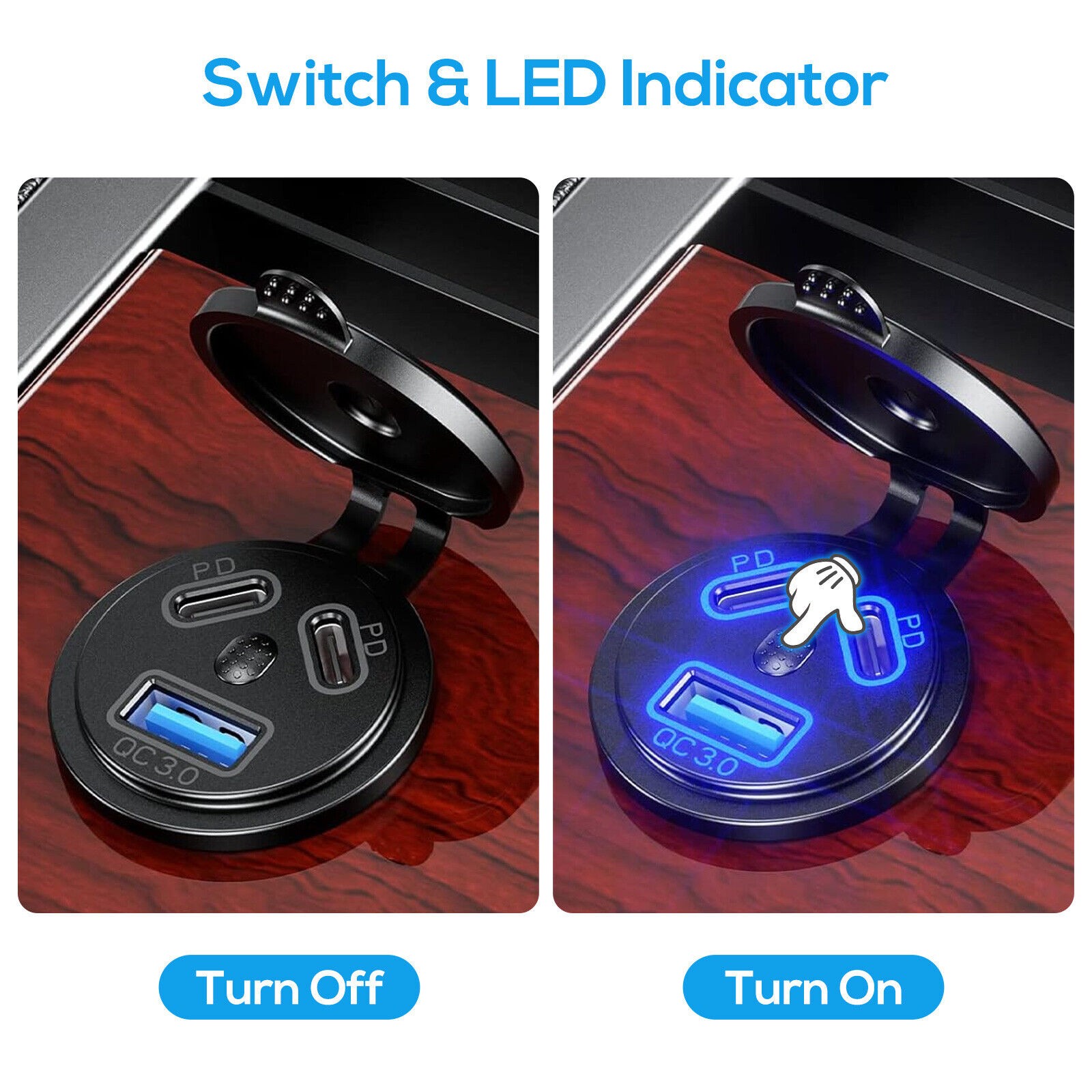 Black Dual PD+QC 3.0 USB Port Car Cigarette Lighter Socket Plug LED Indicator