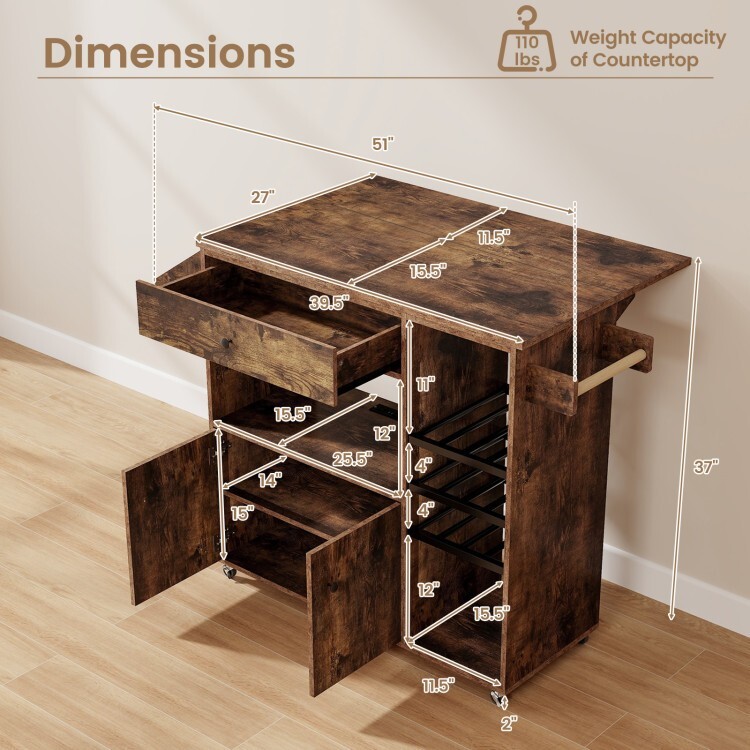 Multifunctional Drop-Leaf Kitchen Island Mobile Cart with 360° Rolling Casters