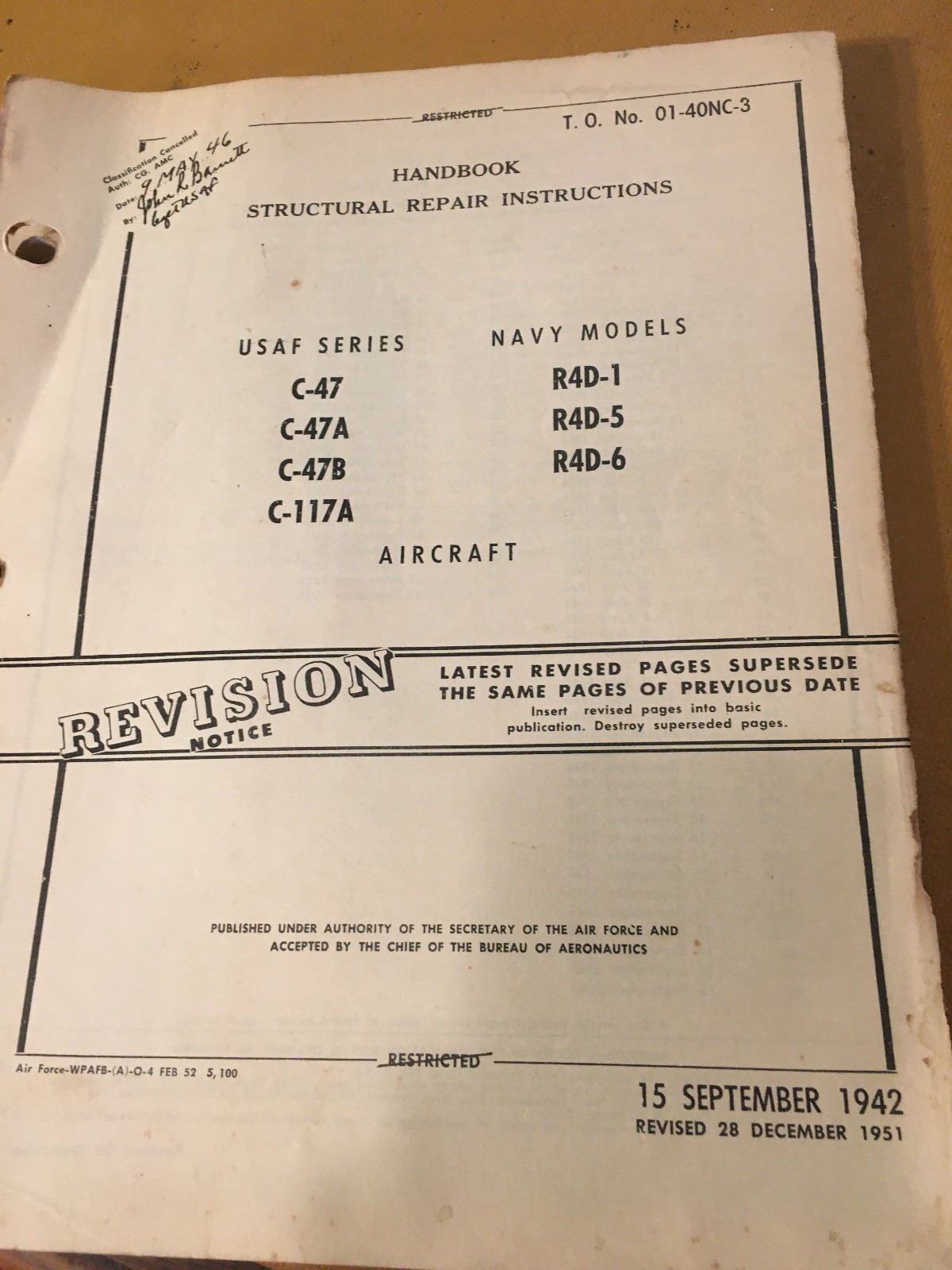 Douglas Skytrain C47, C47A, C47B,  C117A, R4D-1/5/6 Structural Repair Manual