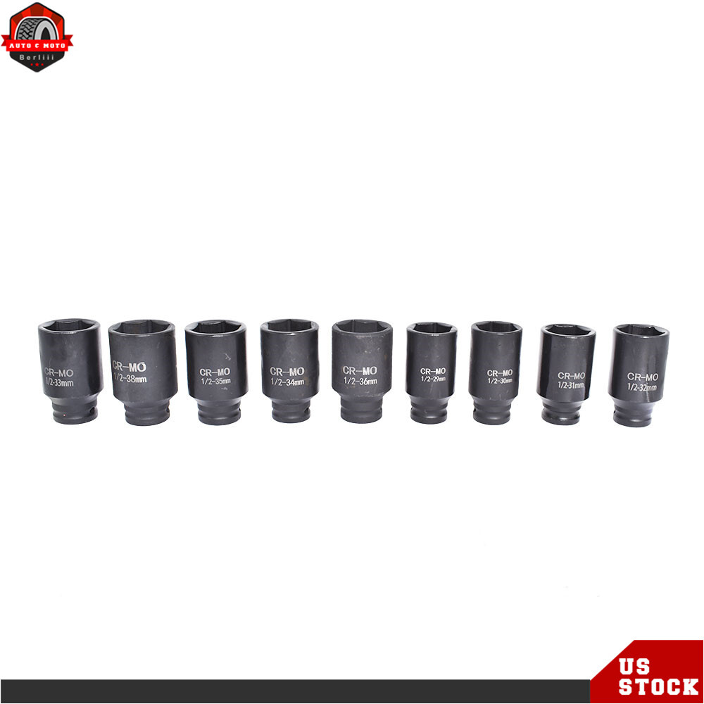 9pc Deep Impact Socket Set 1/2" Drive Metric Axle Hub Nut Sockets 29-38mm w/Case