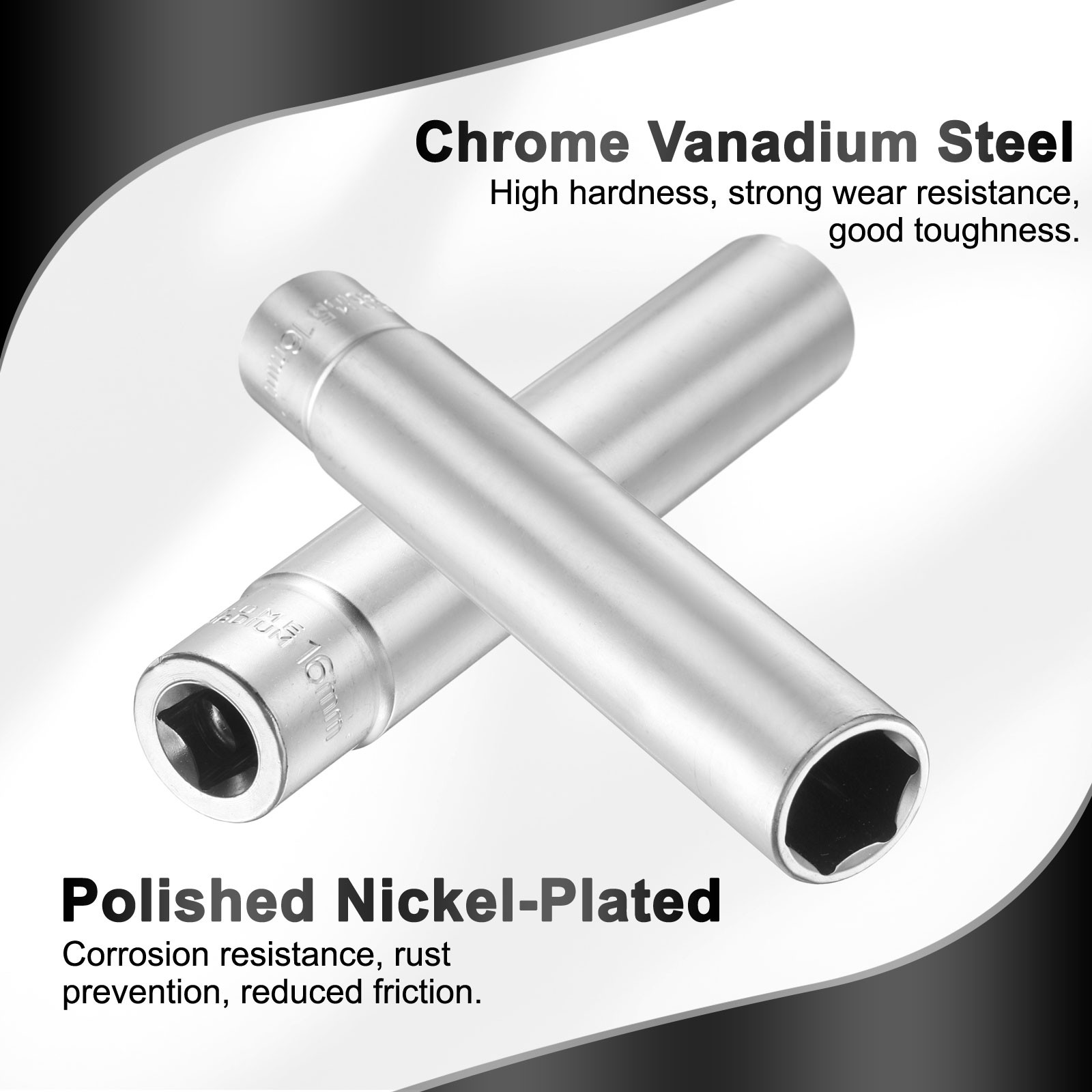 2Pcs, 6 Points Deep Socket 3/8" Drive 16mm Nickel Plating Flip Sleeve 4.7" Long