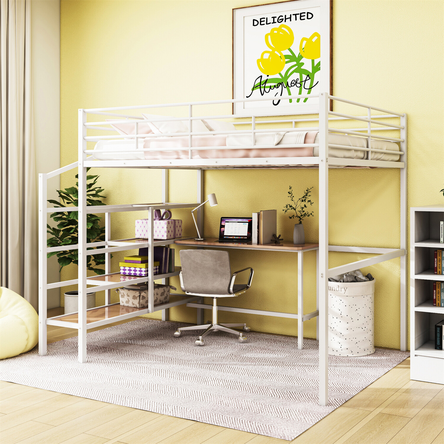 Full Size Loft Bed Metal Bed Frame with Desk & Storage Ladder White/Black