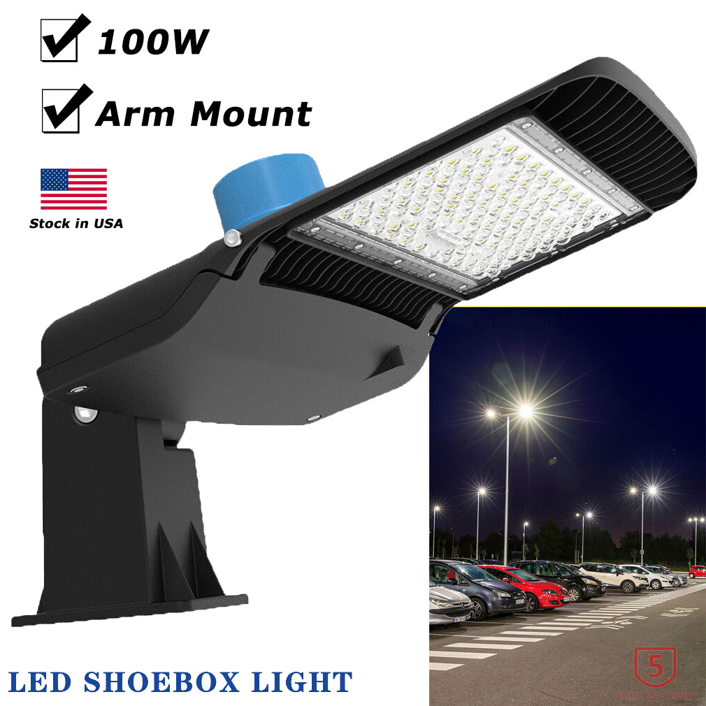 100W LED Parking Lot Light Shoebox Fixture Dusk to Dawn Street Lights Arm Mount