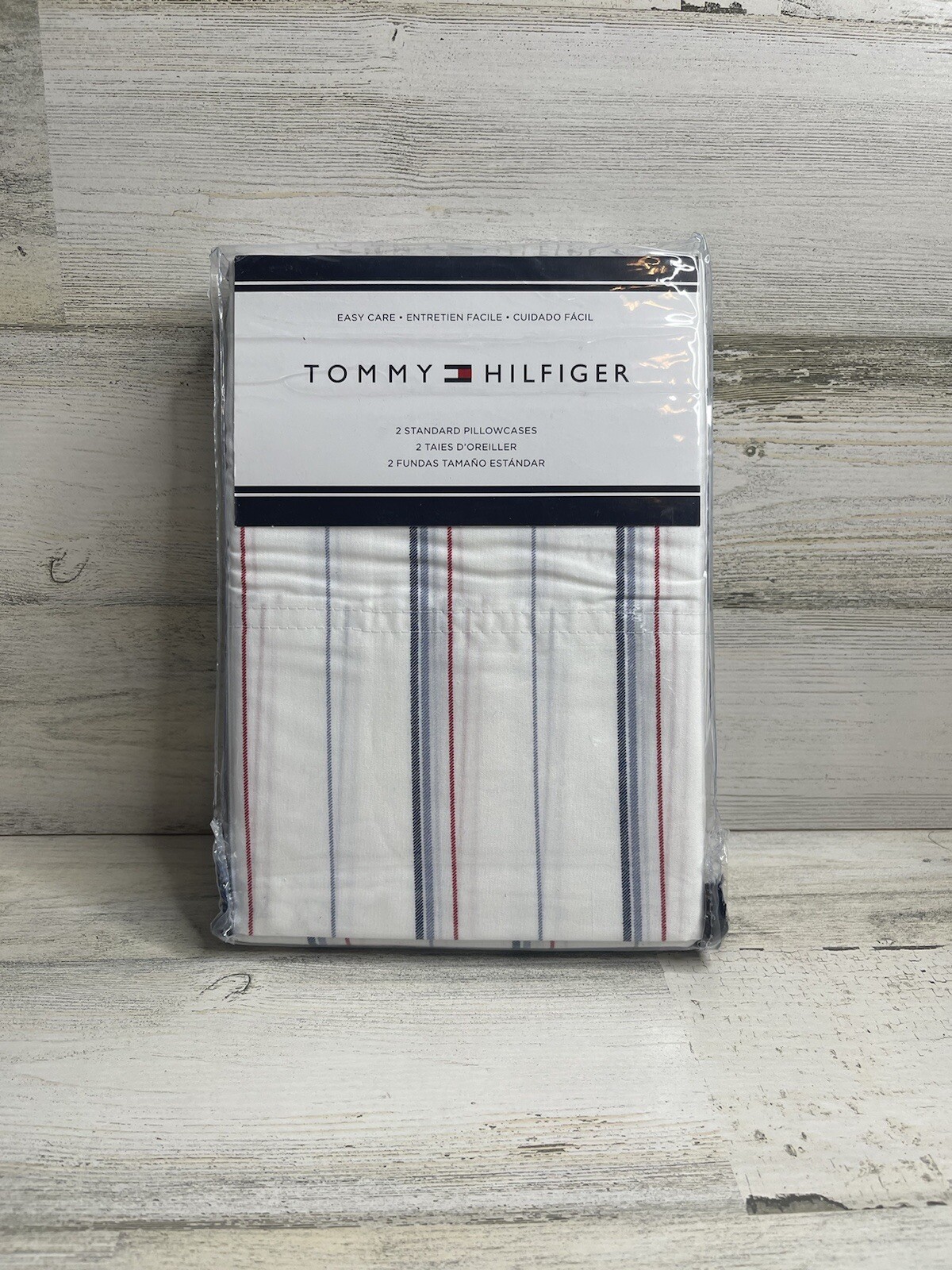 NEW TOMMY HILFIGER Red, Blue & WHITE PINSTRIPE STANDARD PILLOW CASES- SET OF 2