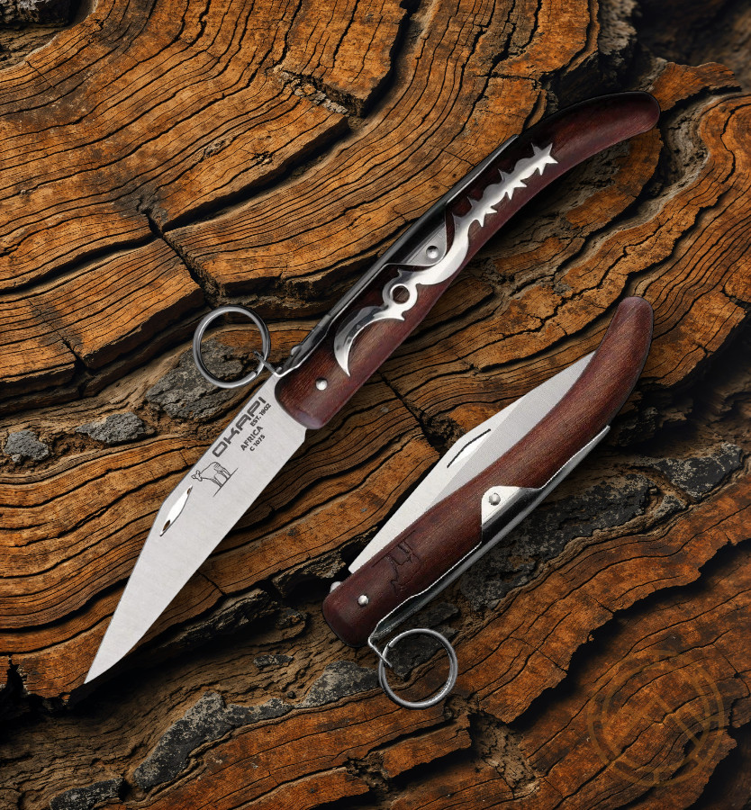 Okapi Folding Knife 4.5" Tumbled 1075HC Steel Clip Point Blade Brown Wood Handle