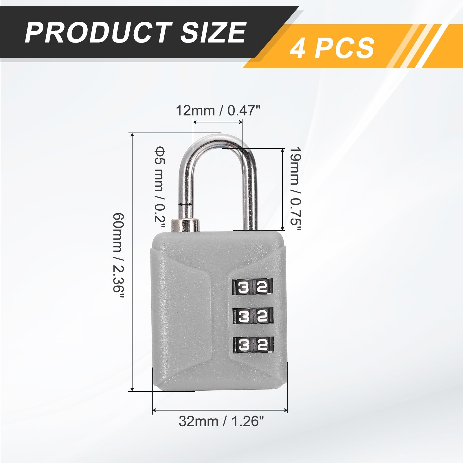 4pcs Resettable 3 Digit Plastic Combination Padlock, Gray (60 x 32mm)