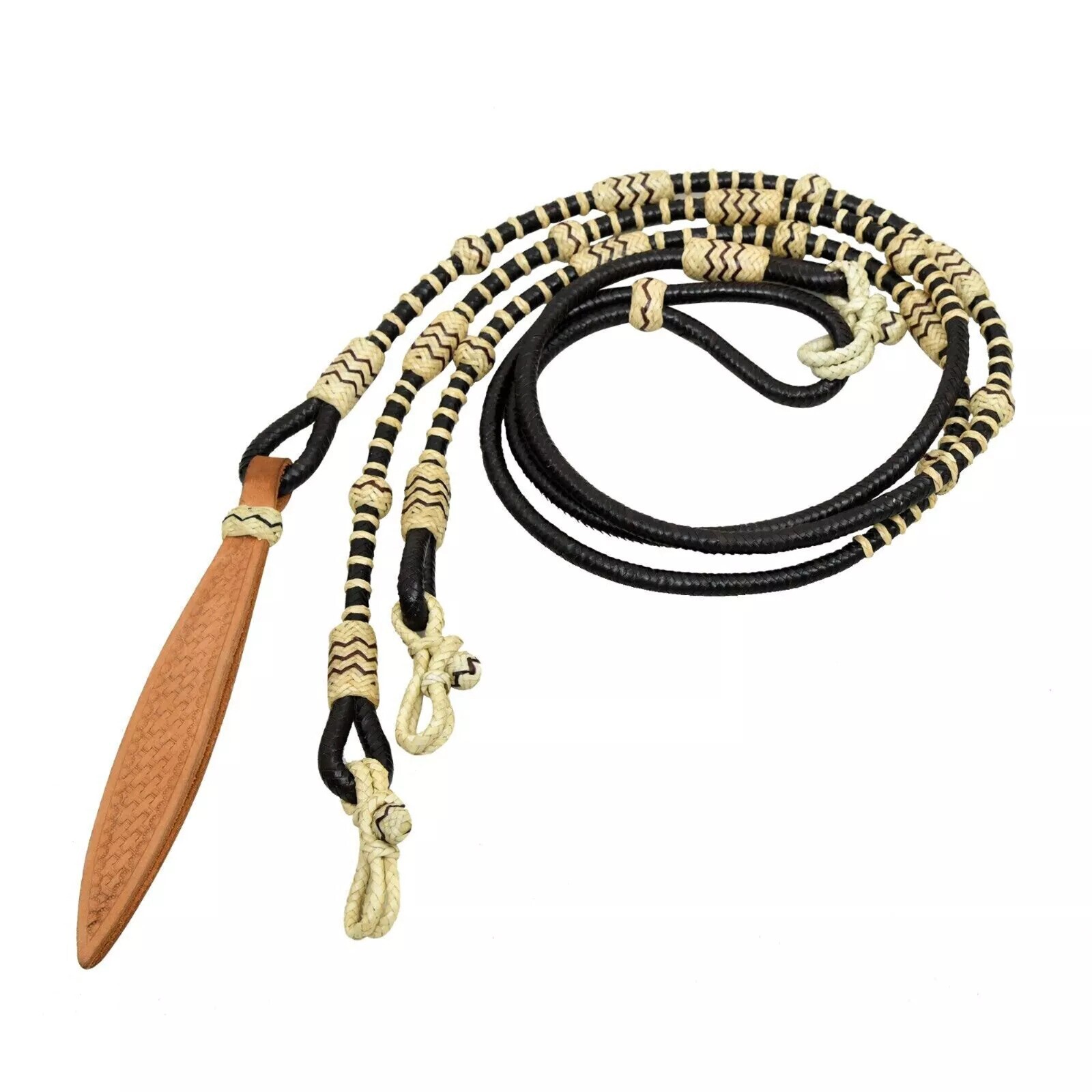 Knots Raw Hide Leather Horse Tack Hand-Braided Romal Reins Black & Natural