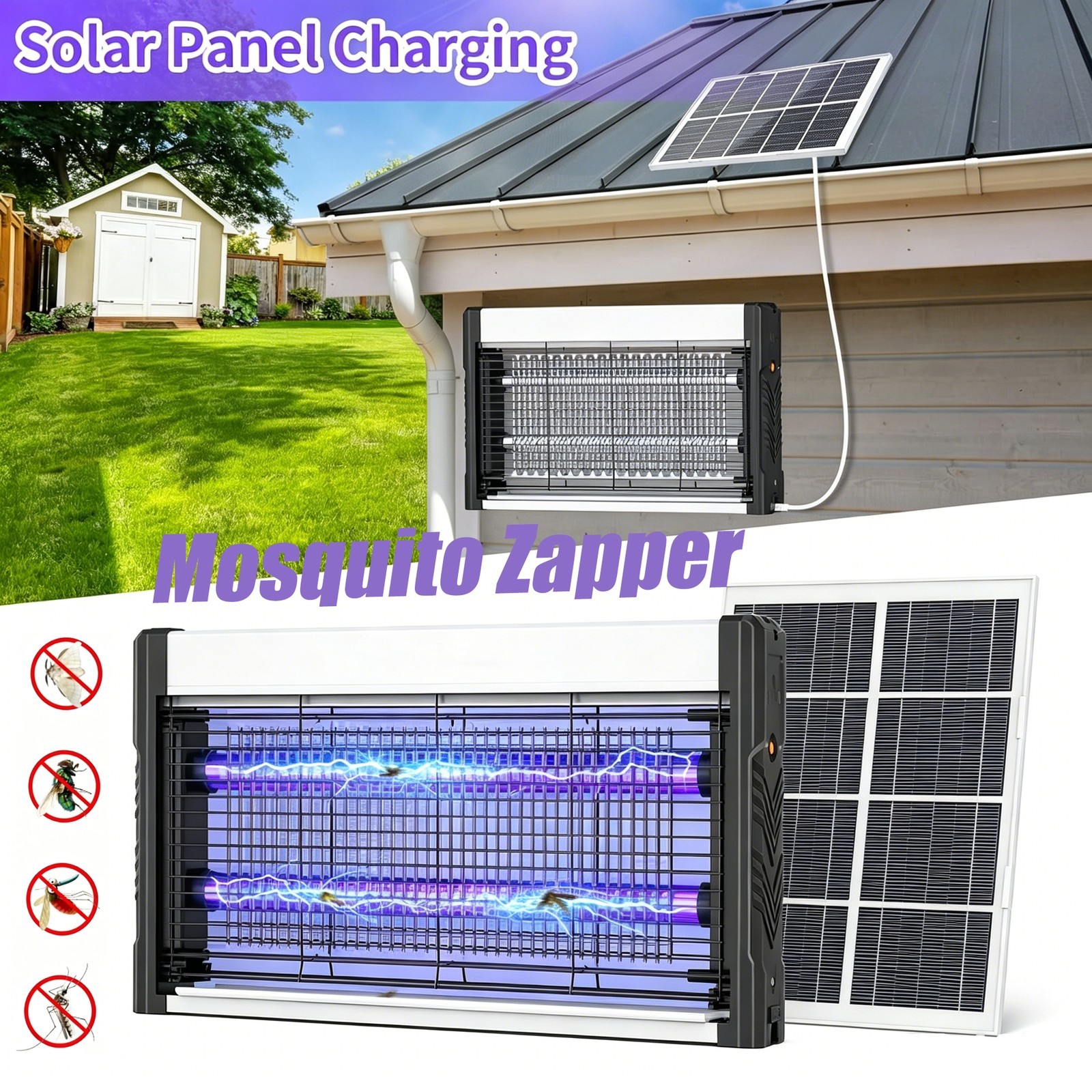 Solar Bug Zapper Outdoor, 4000V Mosquito Zapper with 3M Cable &10W Solar Panel,o
