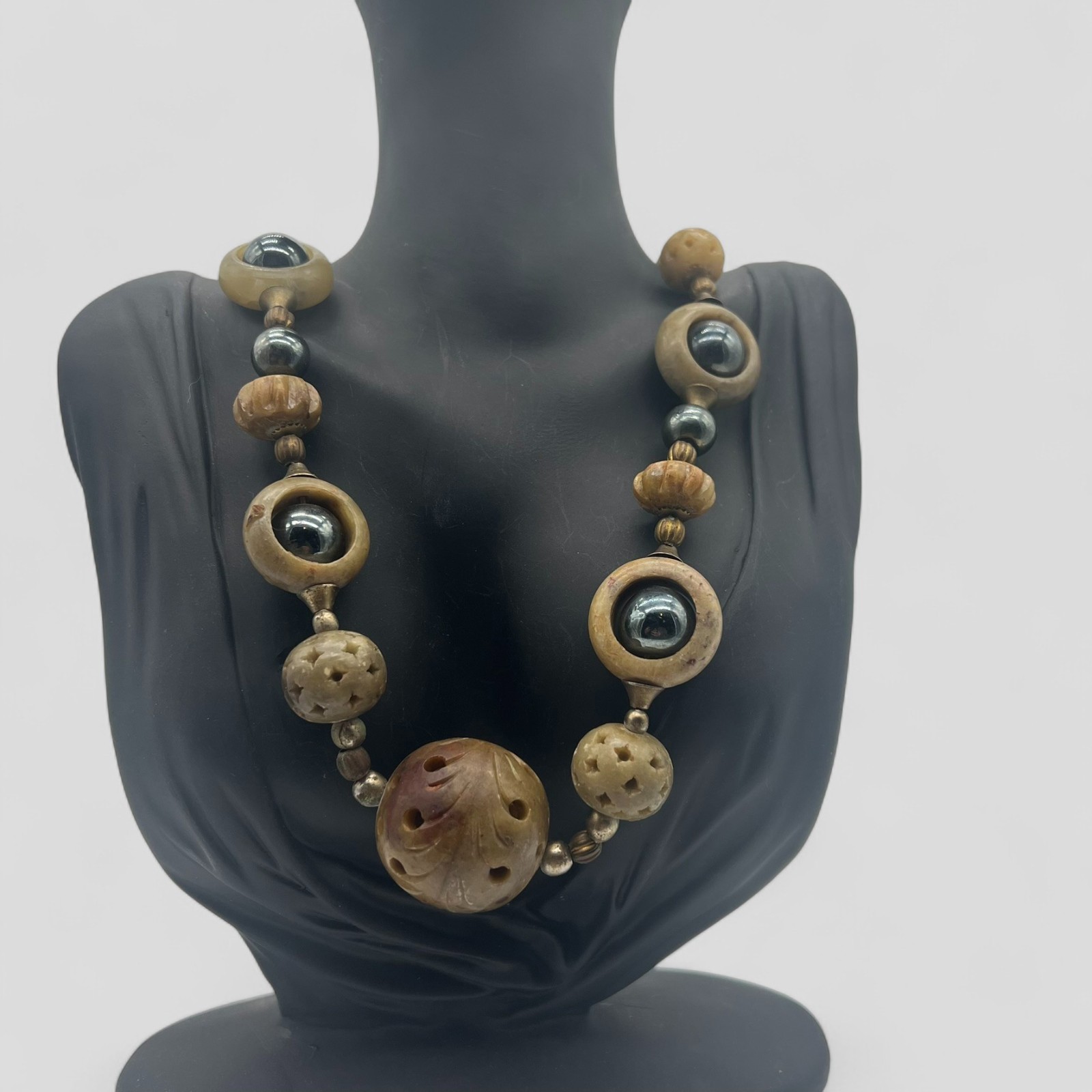 Vintage Hand Carved Soapstone & Hematite Bead Necklace 28" Tribal Statement