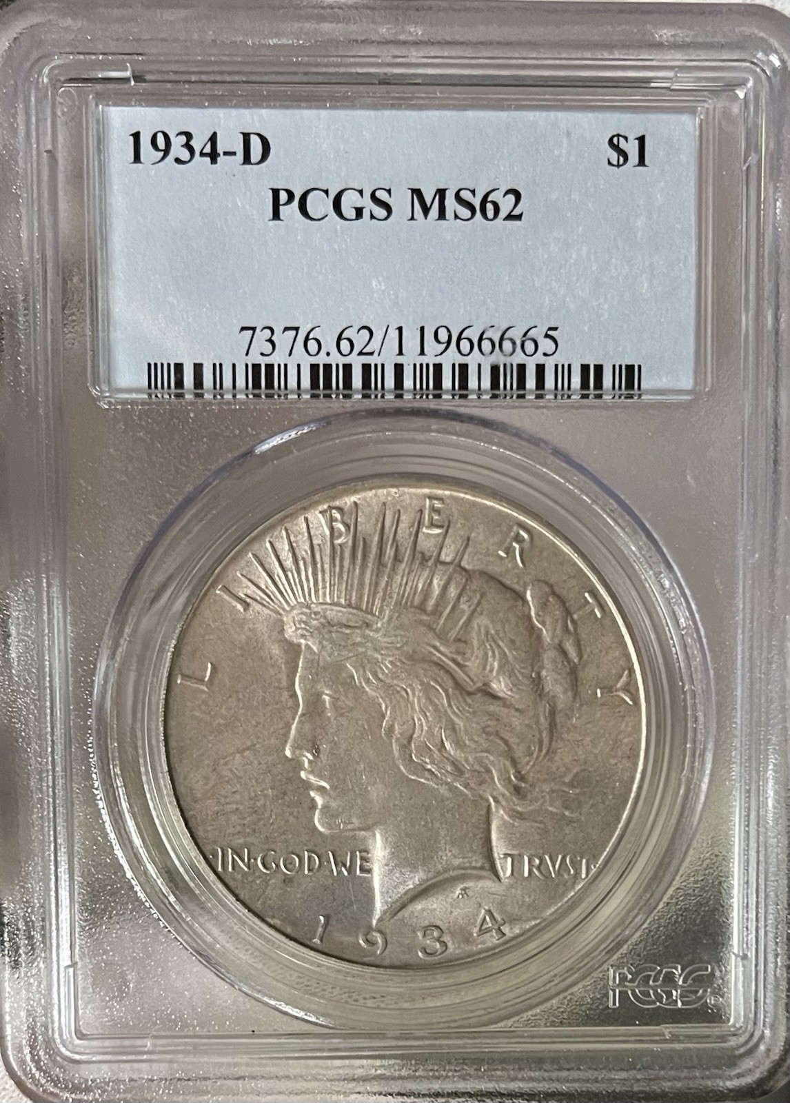 1934-D PCGS MS62 Peace Silver Dollar. Better Date Uncirculated Coin! 🗽🔥
