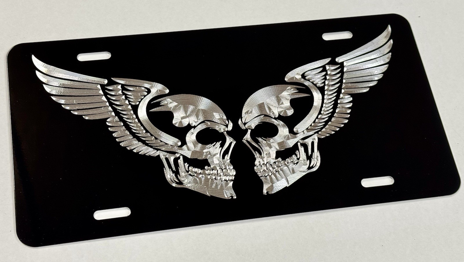 Double Skull Wings Car Tag Diamond Etched Engraved Black Front License Plate