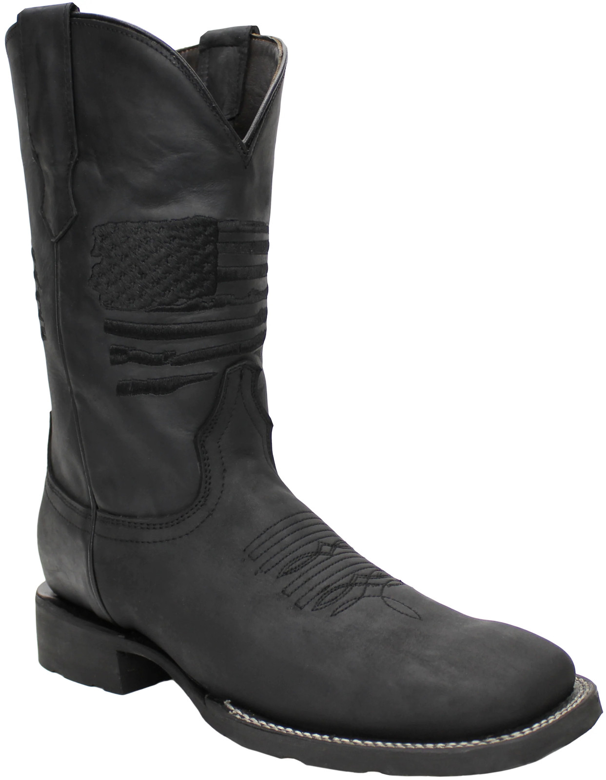 Men Genuine Leather Patriot Handcrafted Western Wide Square Toe Black Boots