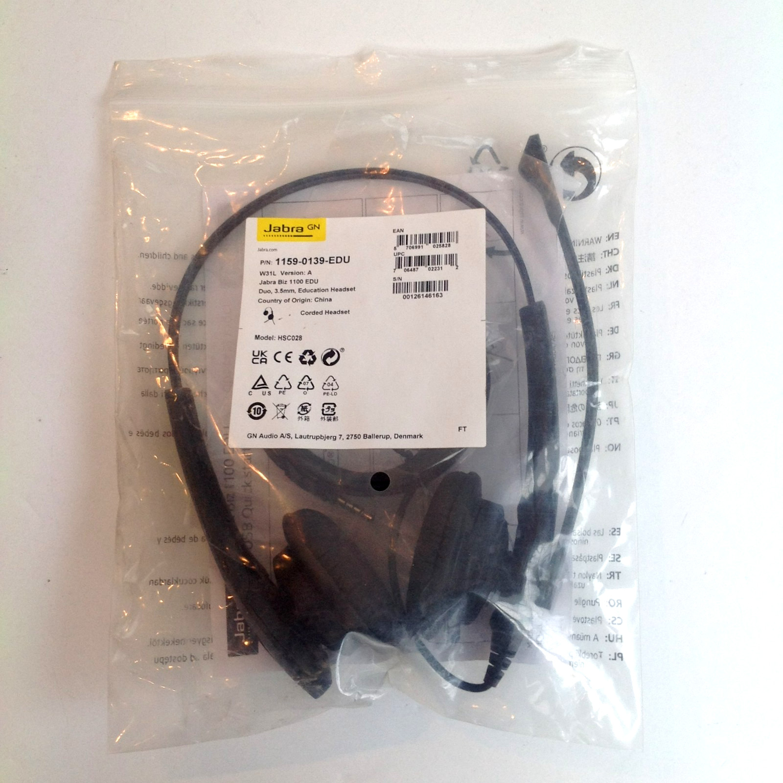 Jabra Biz 1100 EDU Duo Education Headset Black Wired 3.5mm Jack 1159-0139-EDU