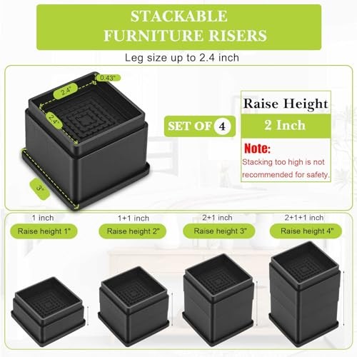 Furniture Risers 2 Inch, Adjustable Bed Risers Heavy Duty for 2 inch 4 Pack