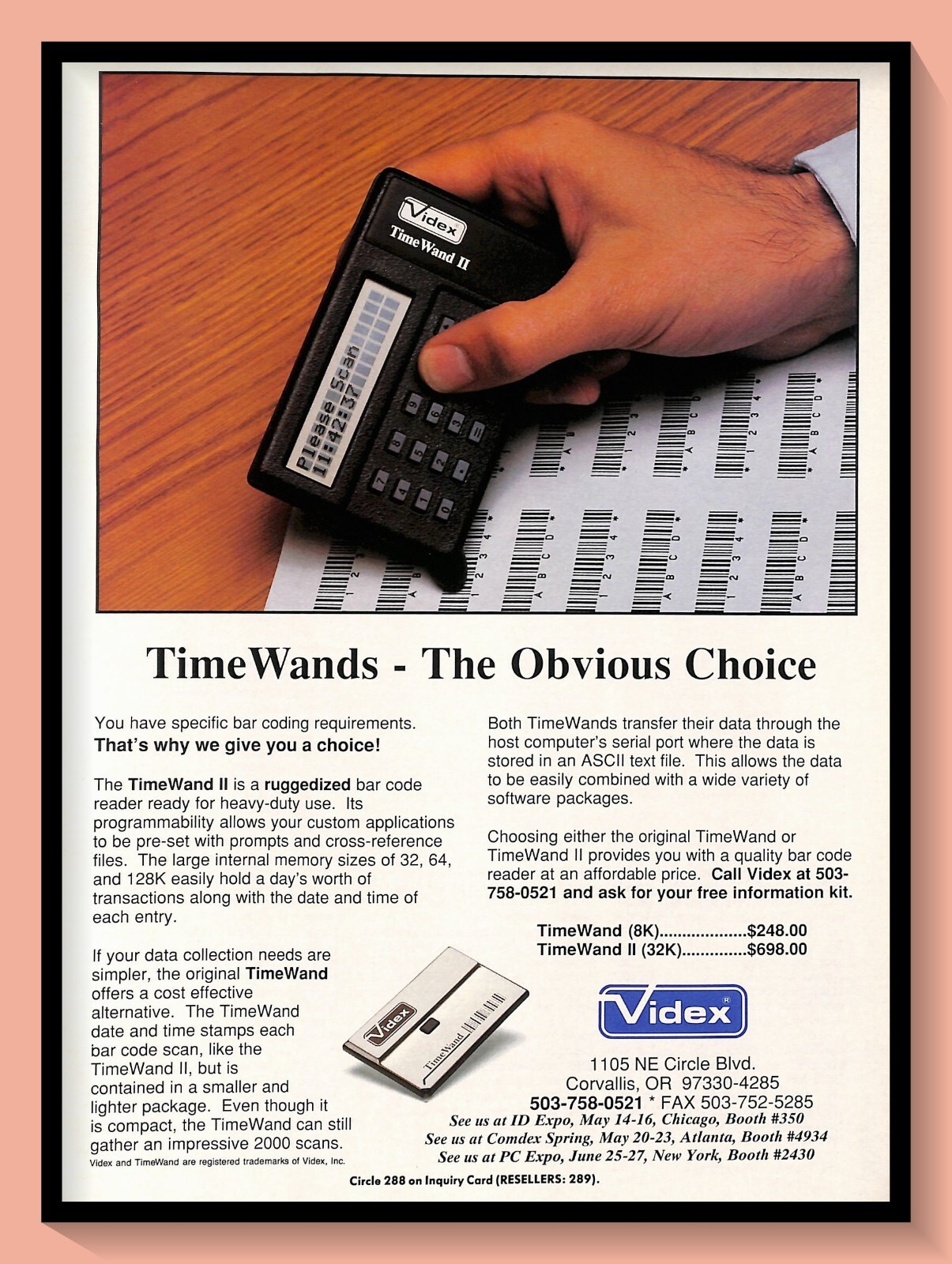 1991 Videx TimeWand Bar Code Reader Vintage PRINT AD Retro Electronics