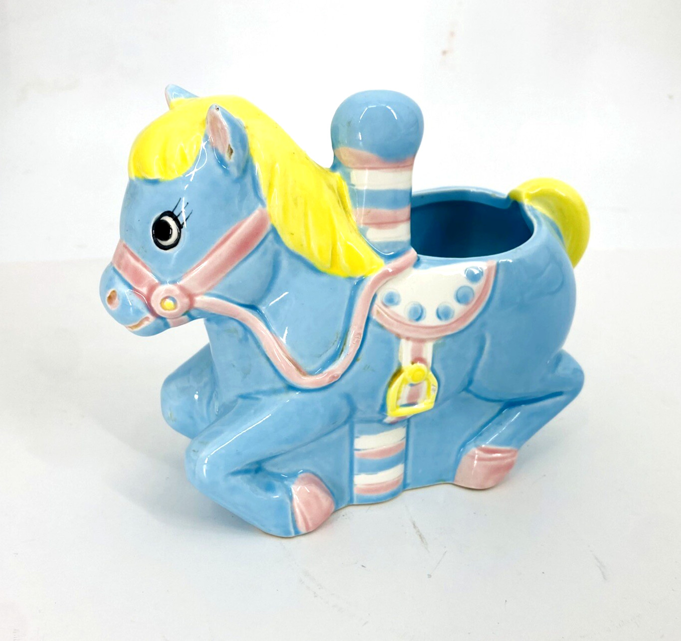 Vintage Inarco CB-2041 Japan Baby Blue Pink Carousel Pony Planter Adorable