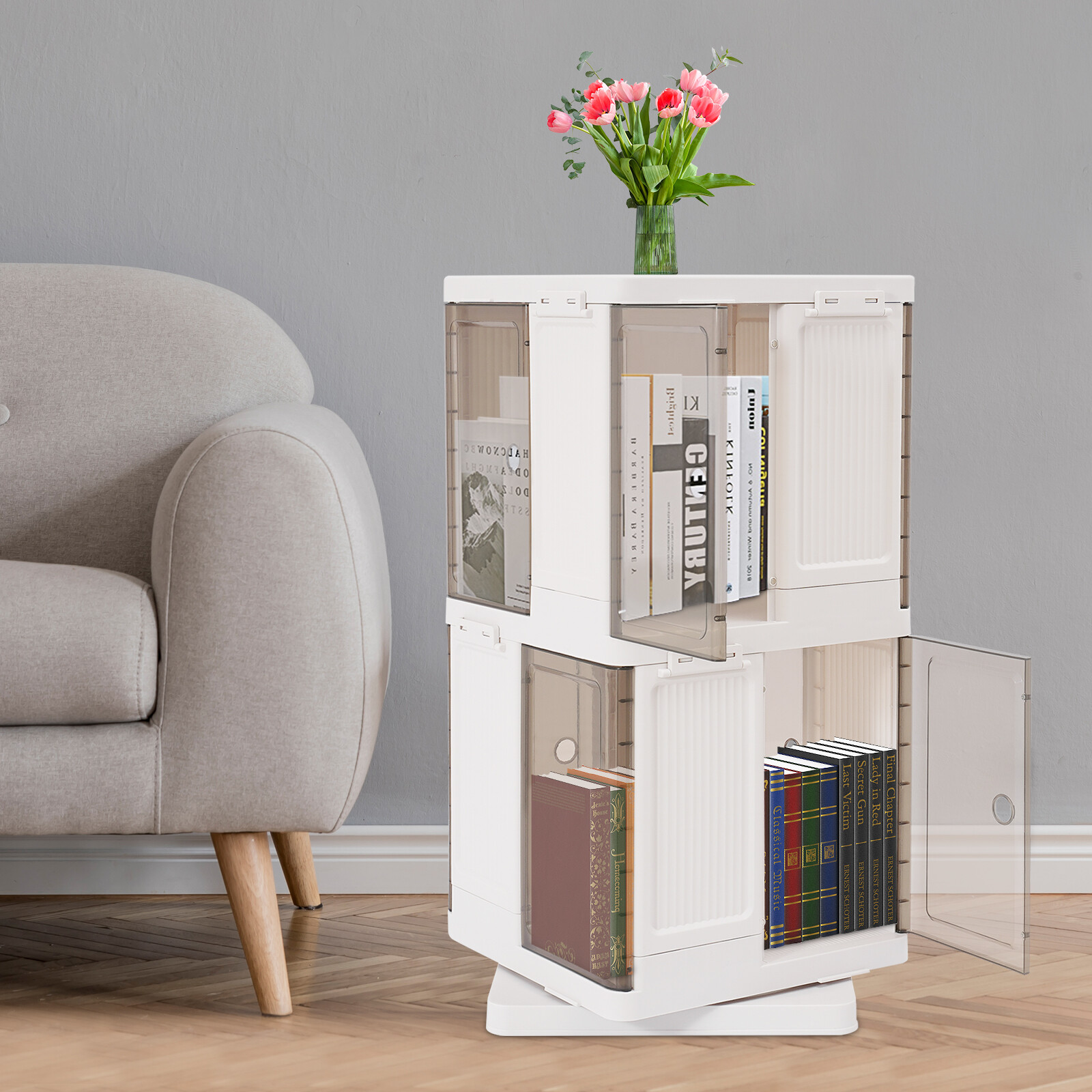 2-Tier Rotating Bookshelf, Book Storage Shelf, Floor Standing Rotating Bookcase
