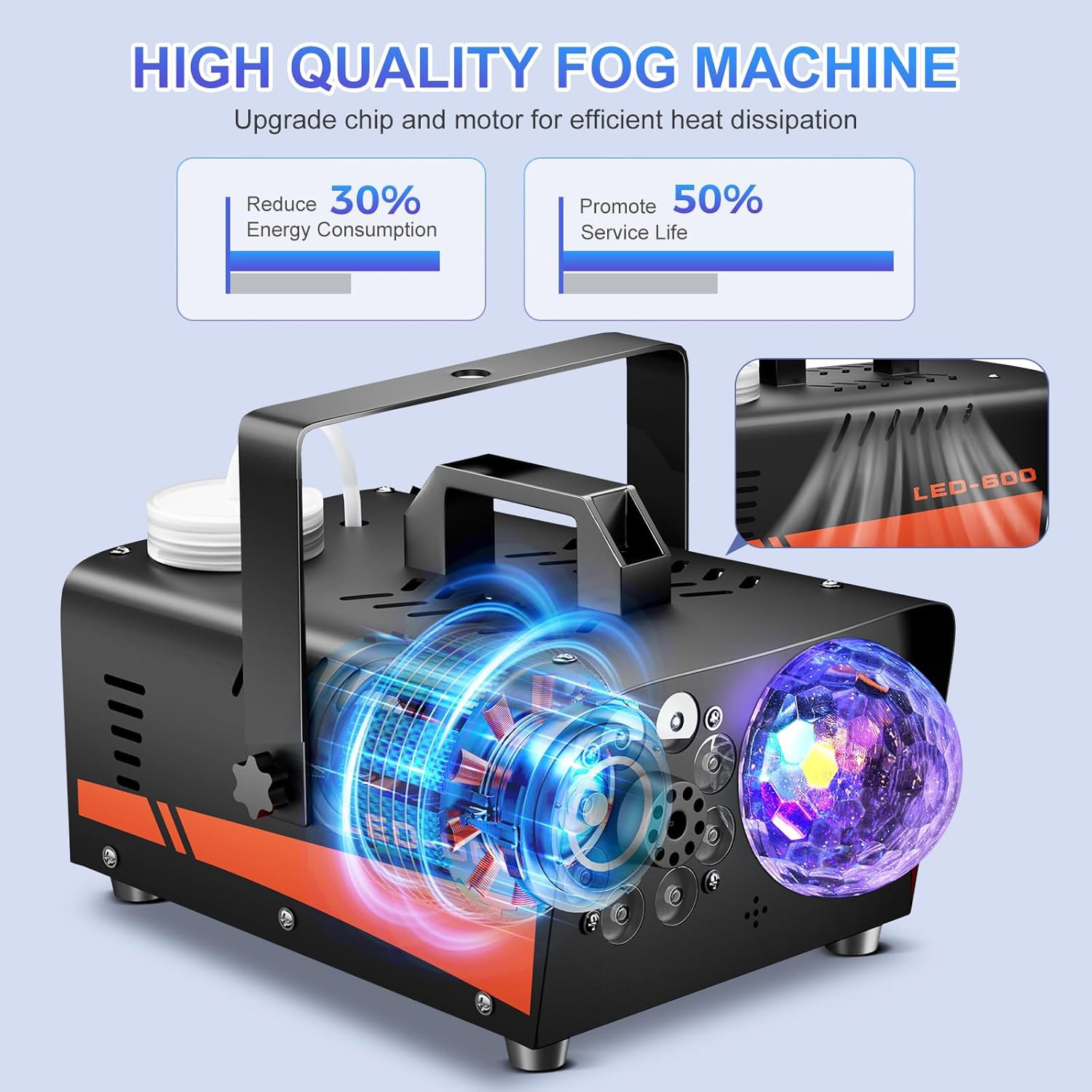 600W Fog Machine Smoke Machine w/ Disco Ball Lights 3000CFM 13-Color LED Effects